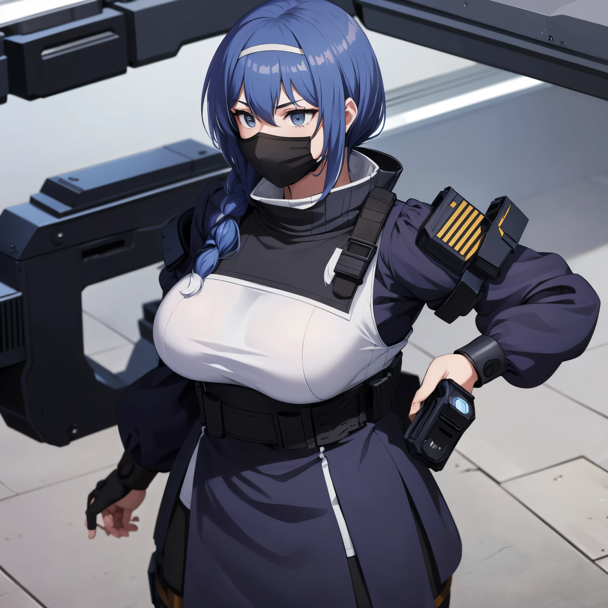 A woman wearing a black SWAT uniform, with protective equipment on her body in an open place, dark blue hair, large breasts, wearing a mask
