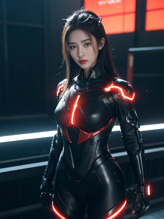 （Fight against mechanical robot soldiers）、top quality、​Masterpiece、ultra high resolution、(sexy pose),（Wearing a futuristic visor）、(Realism:1.4)、original photo、1 girl、black hair、shiny skin、((1 Mechanical Girl))、((Super realistic details))、Potrat、（small led light）、Full body luminous cable tube、(Have the most advanced weapons),global illumination、shadow、octane rendering、8k、armpit、Super sharp、huge 、small led light、Bare raw skin at cleavage、Metal、blood vessels connected to tubes、Weapon、Red tights、armpit、Cyberpunk city background、Intricate jewelry details、Japan details、Highly intricate details、realistic light、CG social trends、blue eyes、radiant eyes、face camera、Neon details、（Helmet of the Brave）、mechanical limbs、Blood vessels connect to tubes mechanically attached to the vertebrae in the back、Mechanical cervical spine immobilizer、Wires and cables connected to the head、Gundam、small led light、Tustock、Tustock、Futuristic machine gun、Knives、
