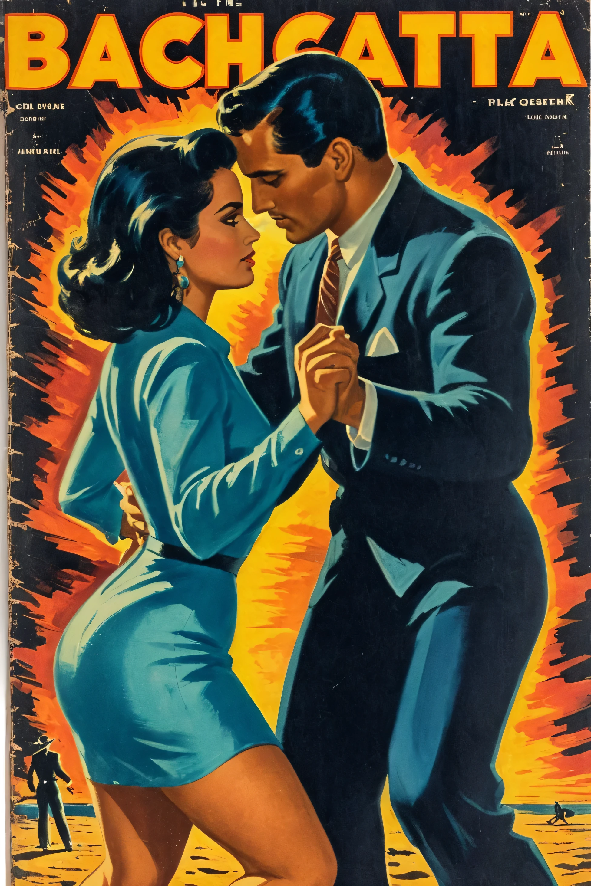 a grainy cover of a book called 'BACHATA' (Filmotype Quarry fonts) with a sultry dark-haired woman in a short baby blue dress and handsome gentleman holding each other dancing Bachata, a portrait by Robert Peak, cg society contest winner, new objectivity, 1 9 5 0 s thriller, dark vintage paperback cover, pulp scifi book cover art, glen orbik, Famous Mexican Actress Selma Hayek in a horror novel, 5 0 s pulp illustration, zoom out