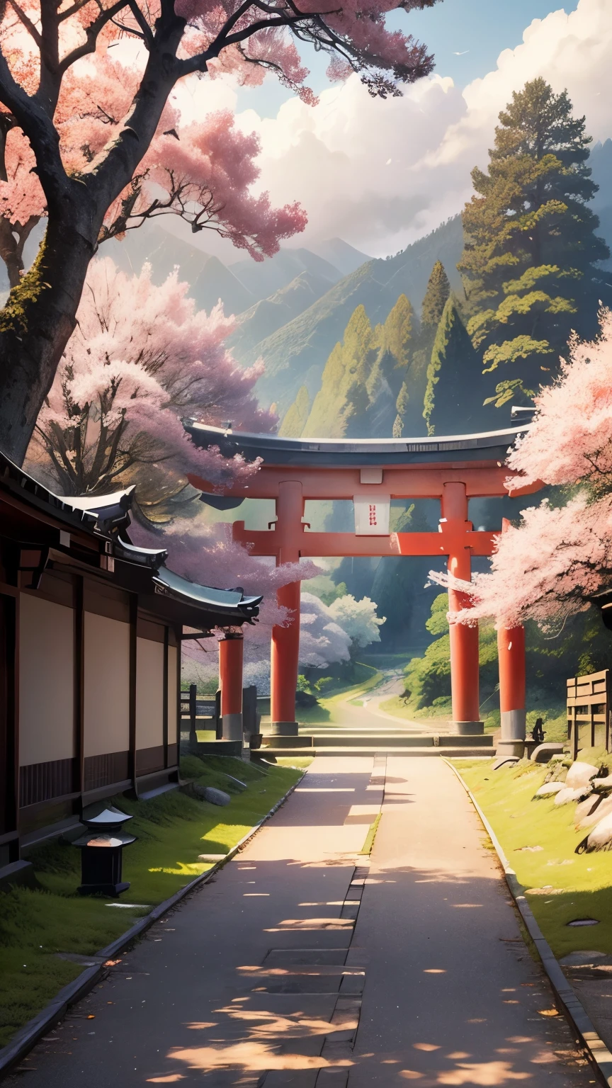 Create a lively digital illustration of a japanese landscape, taisho, meiji, taisho romance, old, torii, sakura, sakura on the ground, stone pavement, sky, forest, paint, oil painting, spring, aesthetic, ray trance, masterpiece.