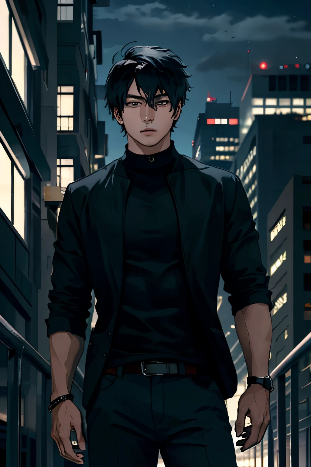 1man,masterpiece,best quality, ultra high res, dusk,cityscape,depth of field, short black messy hair, solo male