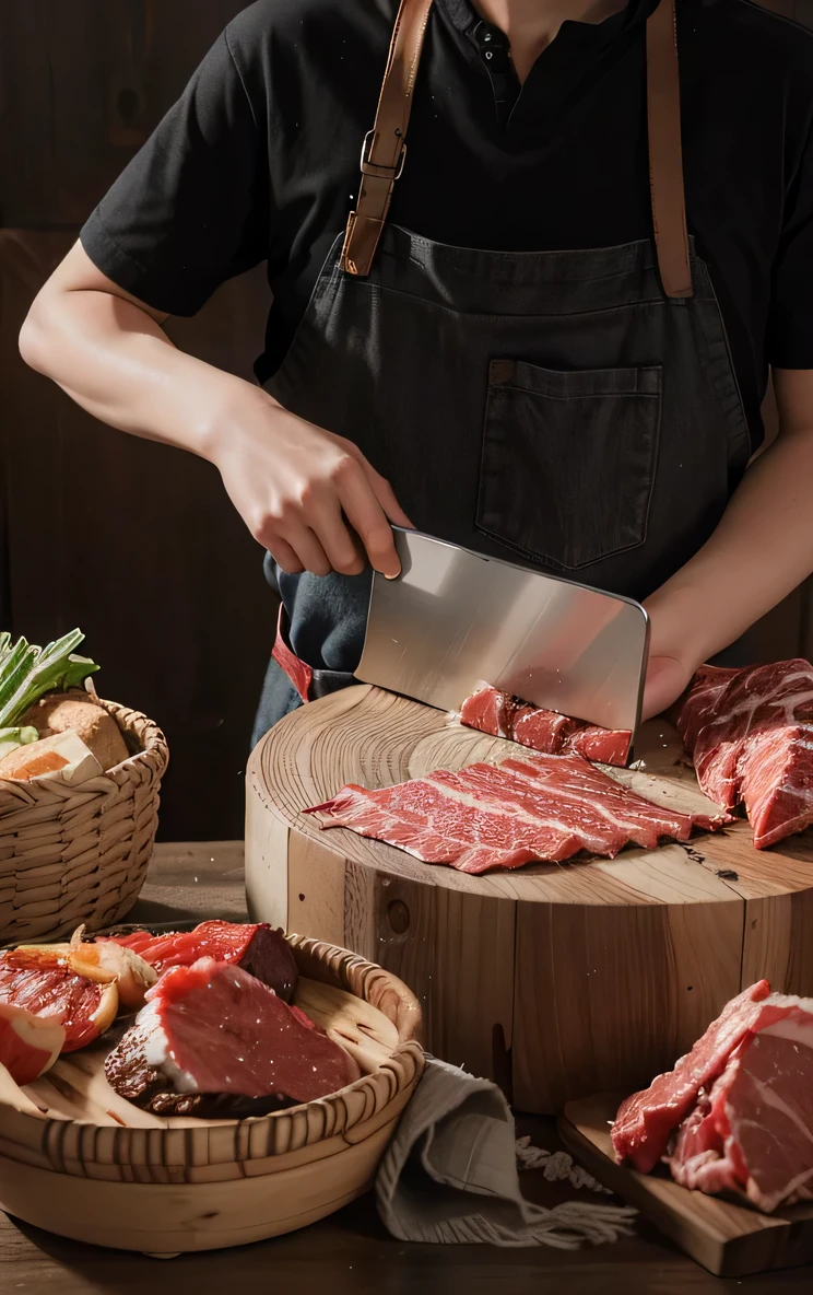 someone is cutting meat on a cutting board with a knife, closeup of a butcher working, in a butcher shop, butcher, eating meat, red meat shreds, big butcher man posing scarily, best on adobe stock, beef, meat, meat factory, by david rubin, meaty, ready to eat, by Juan O'Gorman, artisan