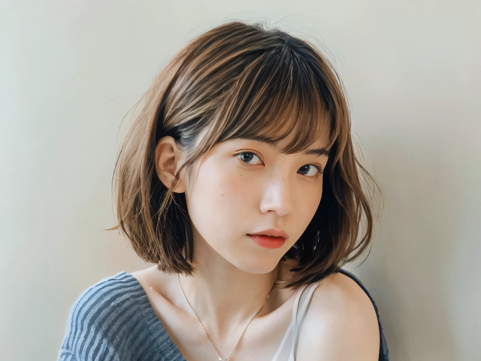 (very realistic photo, concentrated、High resolution, detailed face, fine eyes), ((Taken in front of a white wall))、japanese woman, 20-year-old, various expressions, Upper body、alone:1, slim body shape, various hairstyles, casual clothes, Only one person is in the photo、Photographed in natural light、simple necklace、Don'Don'don't look at the camera、bob hair(short bangs)