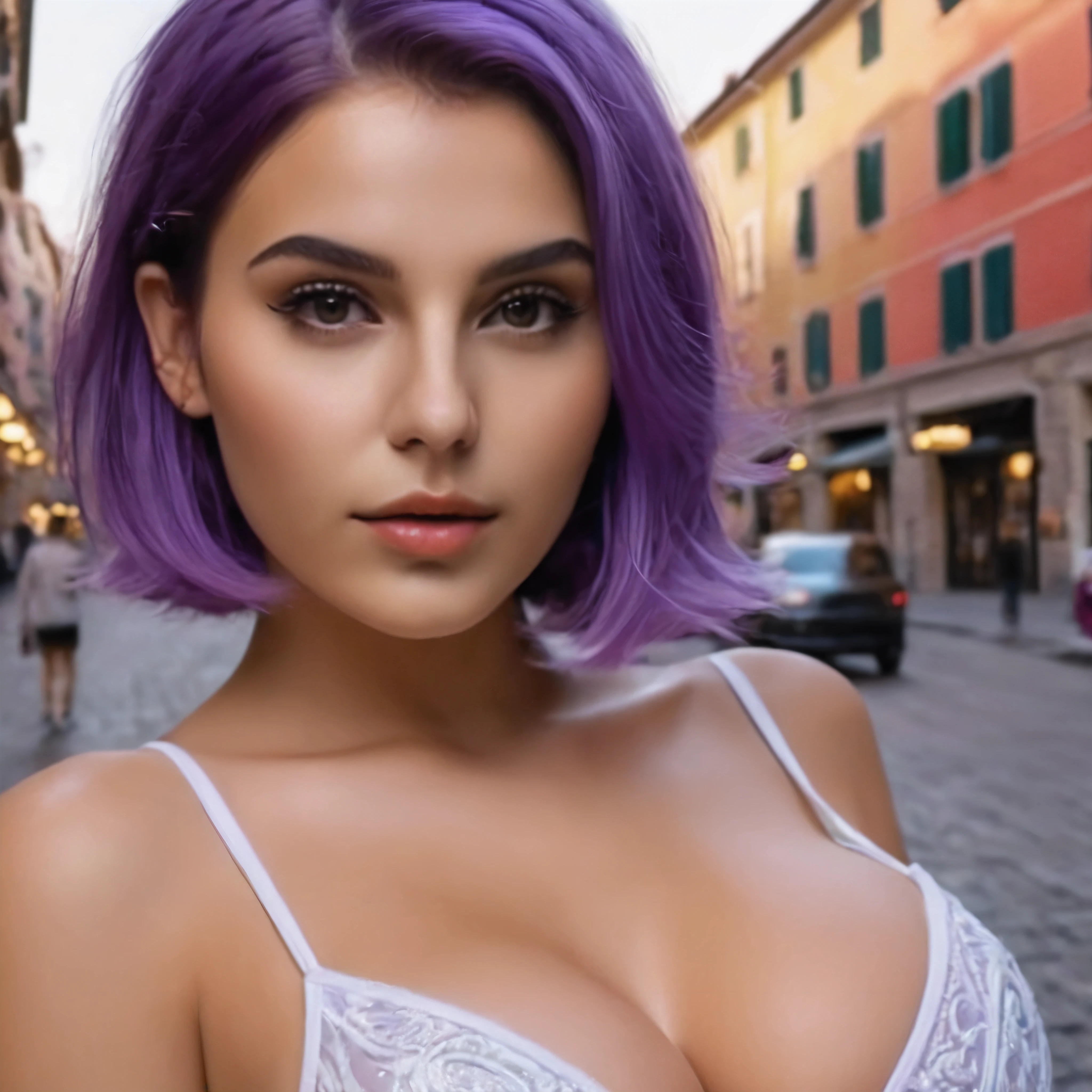 hyper realistic:1.3)), ((vista frontal)),  Obra maestra,  Mejor calidad,  8K,  foto de   ((busty hot sexy italian 18 years old:1.3)), ((con sujetador blanco)),((cuerpo delgado y sexy:1:4)),((pelo corto violeta)), (( color de piel blanca)),((textura de piel detallada)), ((rostro humano perfecto y detallado: 1.4)), ojos grandes,((shy face)), (((pecho pesado muy natural)),  encantador,  seductor,  seductor,  encantador,  constituir,  muy detallado,  Real-life lighting,  cara detallada, fondo de la calle, #NSFW,