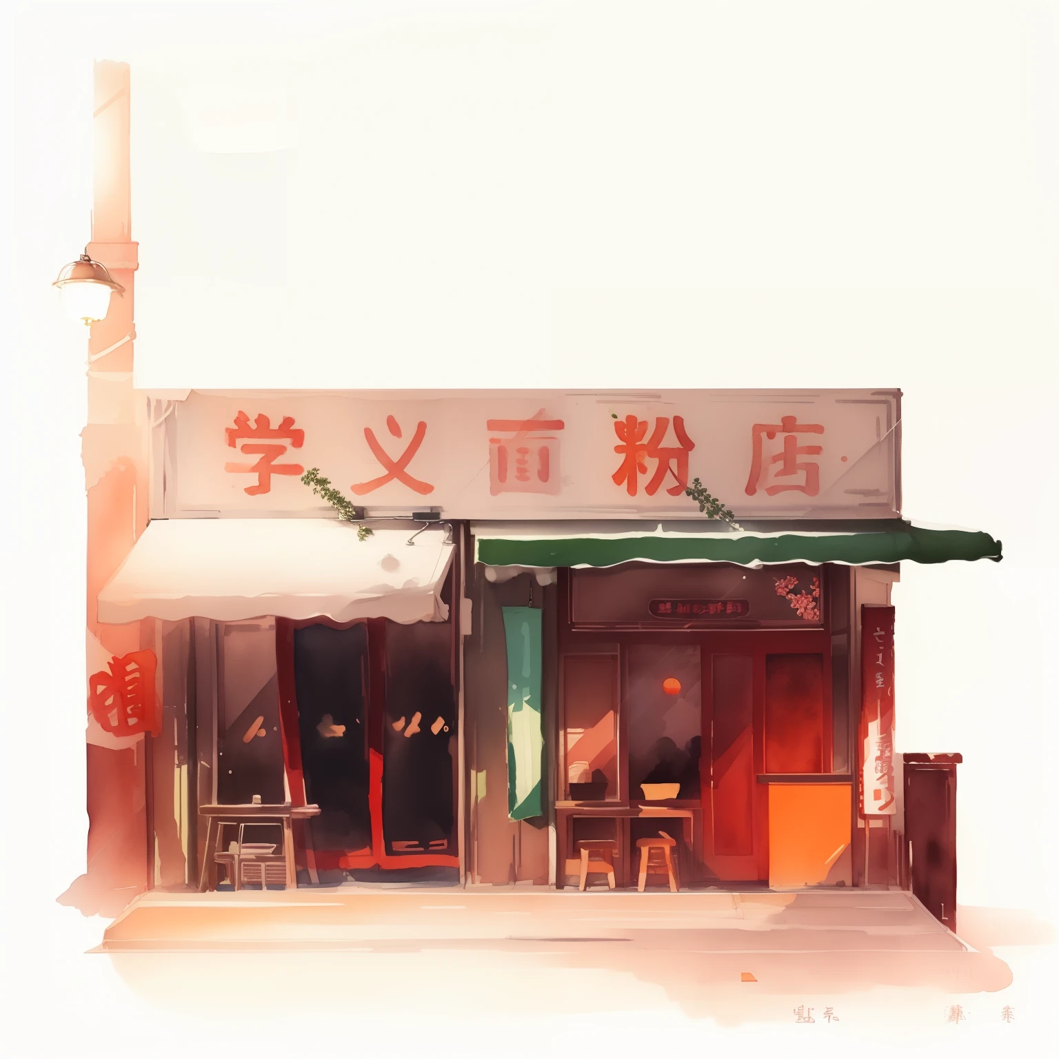 illustration of a chinese restaurant with a green awning and red awning, 256x256, 2 5 6 x 2 5 6, chinese watercolor style, Hungry Ghost Festival, artwork in the style of z.w. gu, watercolor illustration style, chinese brush pen illustration, 🚿🗝📝, by Shitao