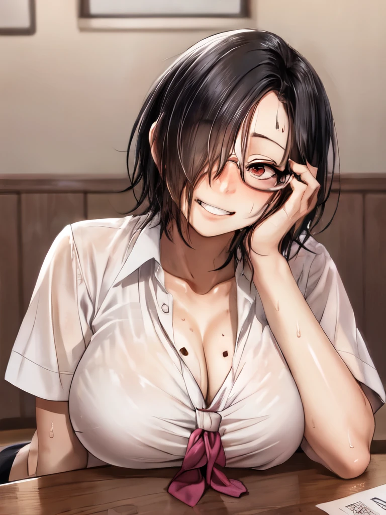 korotsuke style, solo, mole, red eyes, shirt, parted lips, hair over one eye, short hair, school uniform, upper body, mole under eye, bow, looking at viewer, black hair, blush, cleavage, sweat, glasses, 1girl, large breasts, grin, creepy grin, creepy, leaning over desk, blush, tie, breasts on table, breast rest