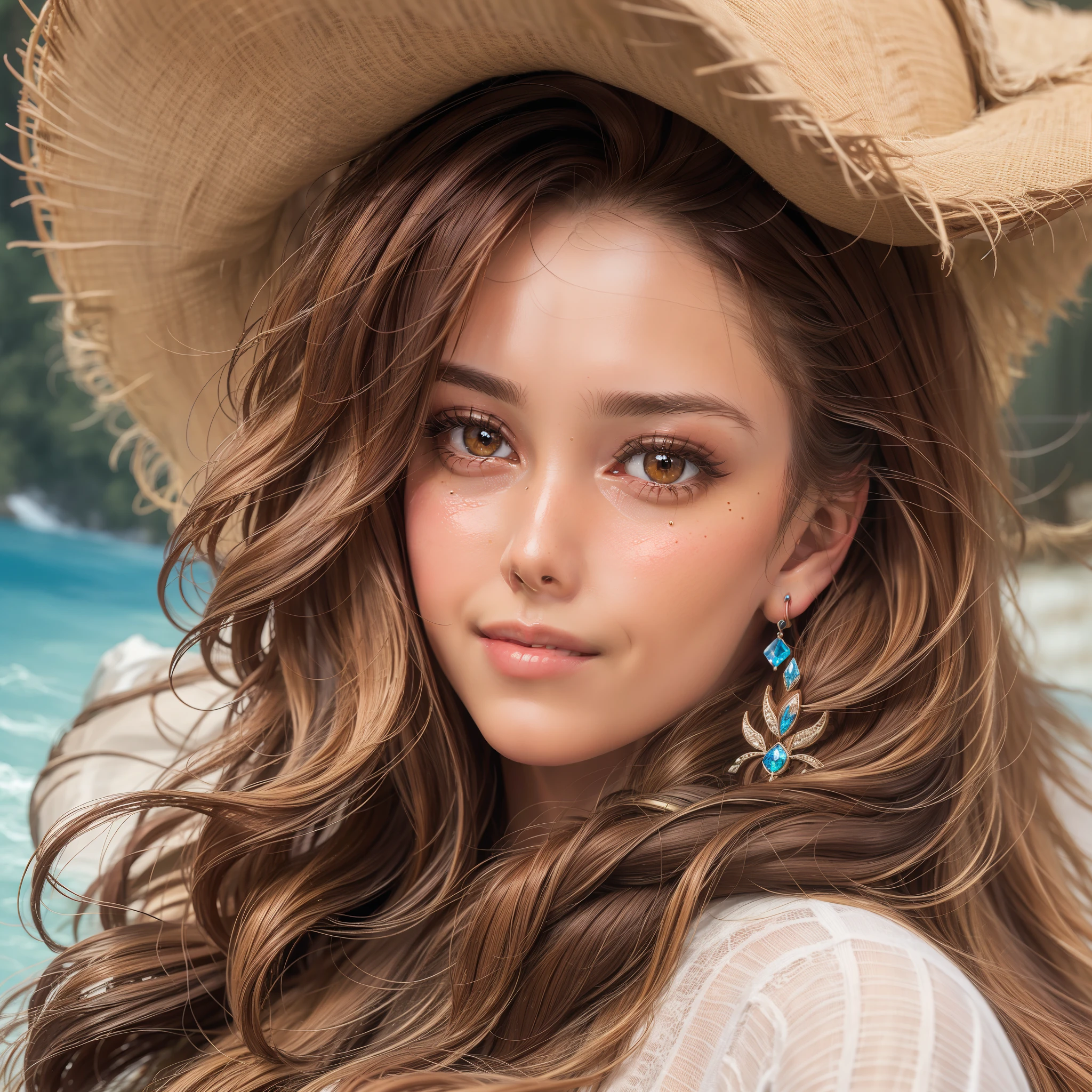 UHD,8K,Hyperrealism,light brown hair,happy tears,red eyes,crystal earrings,smile,cowboy shot,sony FE

