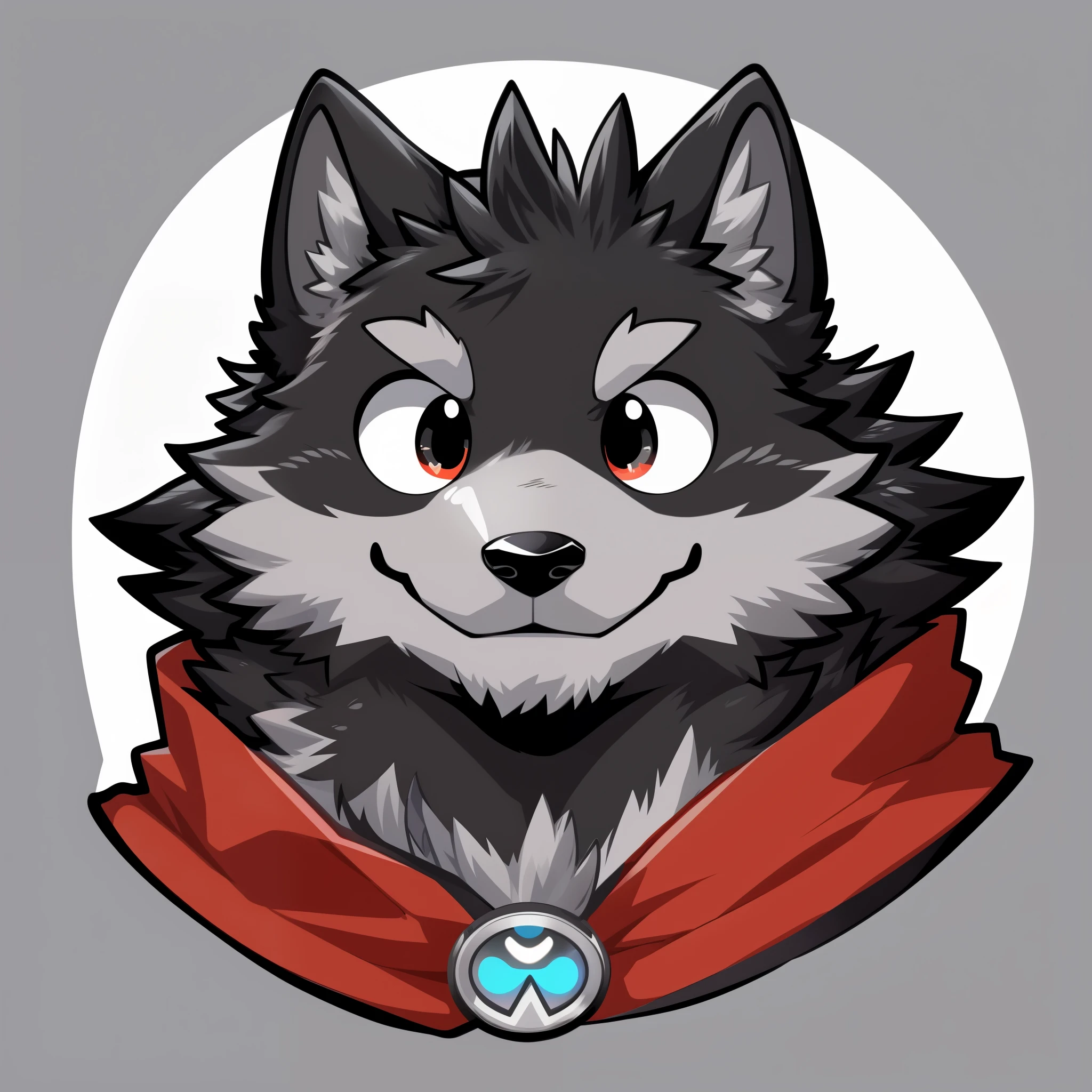 Wolf face, ((cute)), anthro(wolf), (gray-black fur:1.5), white beard, (knight costume, long red cherry cloak), generous smile, simple background, printmaking style, by takemoto arashi, by kamyuel, by milkytiger1145, by 96panda, Colorful logo, Minimalist head vector art logo illustration, front, magical, Sharp design, Soft, Monochrome color, Dark magical colorful splash paint, (vector art:1.3), Adobe Illustrator, simple captivating logo ,sophistication and tranquility, sleek and stylish, ((Simemeter)), (headshot:1.4)