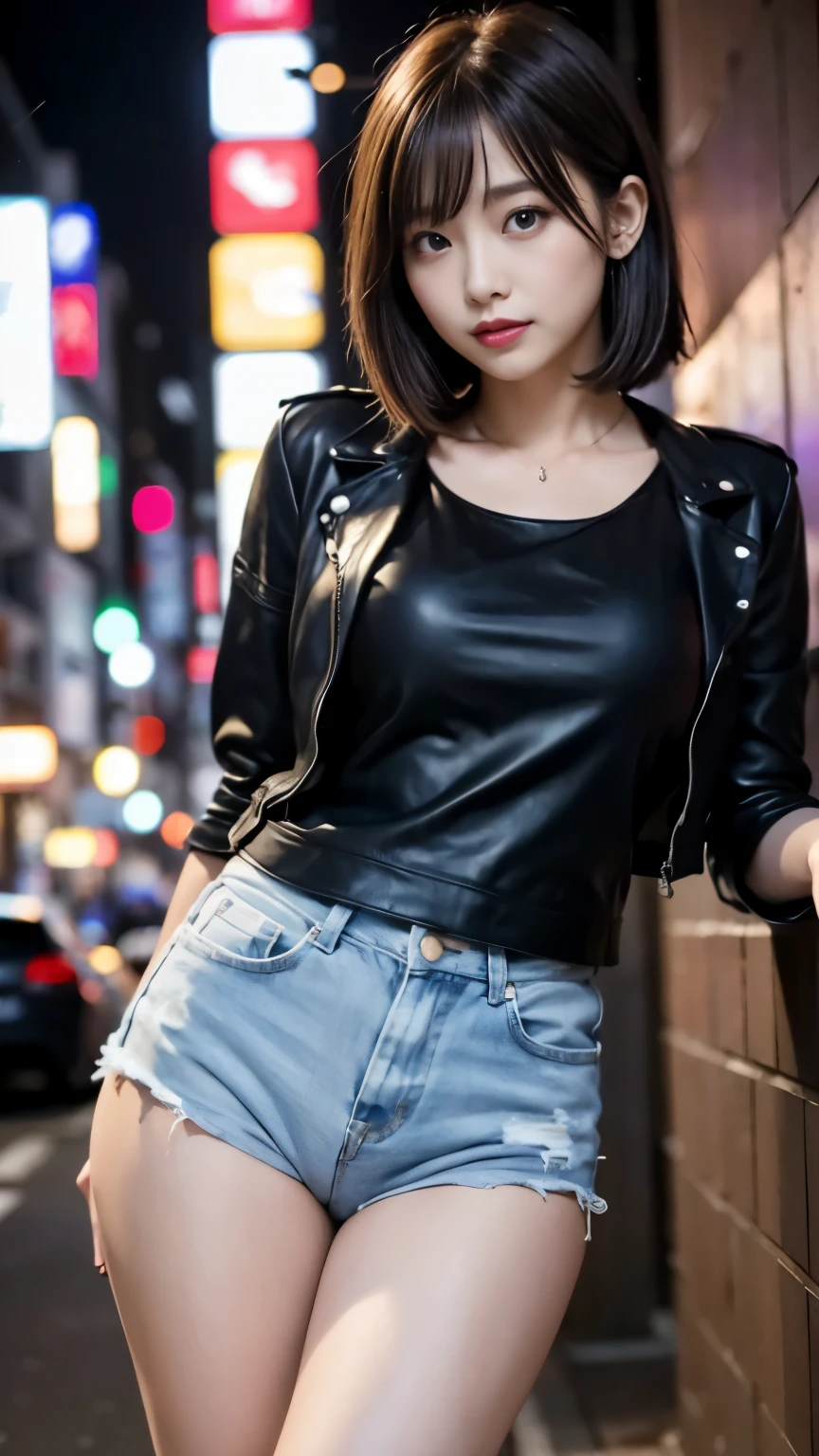 1 girl、that&#39;s tokyo street、night、City view、city lights、Full body Esbian、laughter、、(8k、original photo、highest quality、masterpiece:1.2)、(realistic、real picture:1.37)、delicate eyes、fine eyelashes、white tube top and leather jacket、denim hot pants、Huge 、delicate skin, (medium bob:1.3, short and beautiful hair), (perfection Anatomy), (actual), (dynamic angle), strike a seductive pose,perfection,sensual look、highest quality、High resolution、