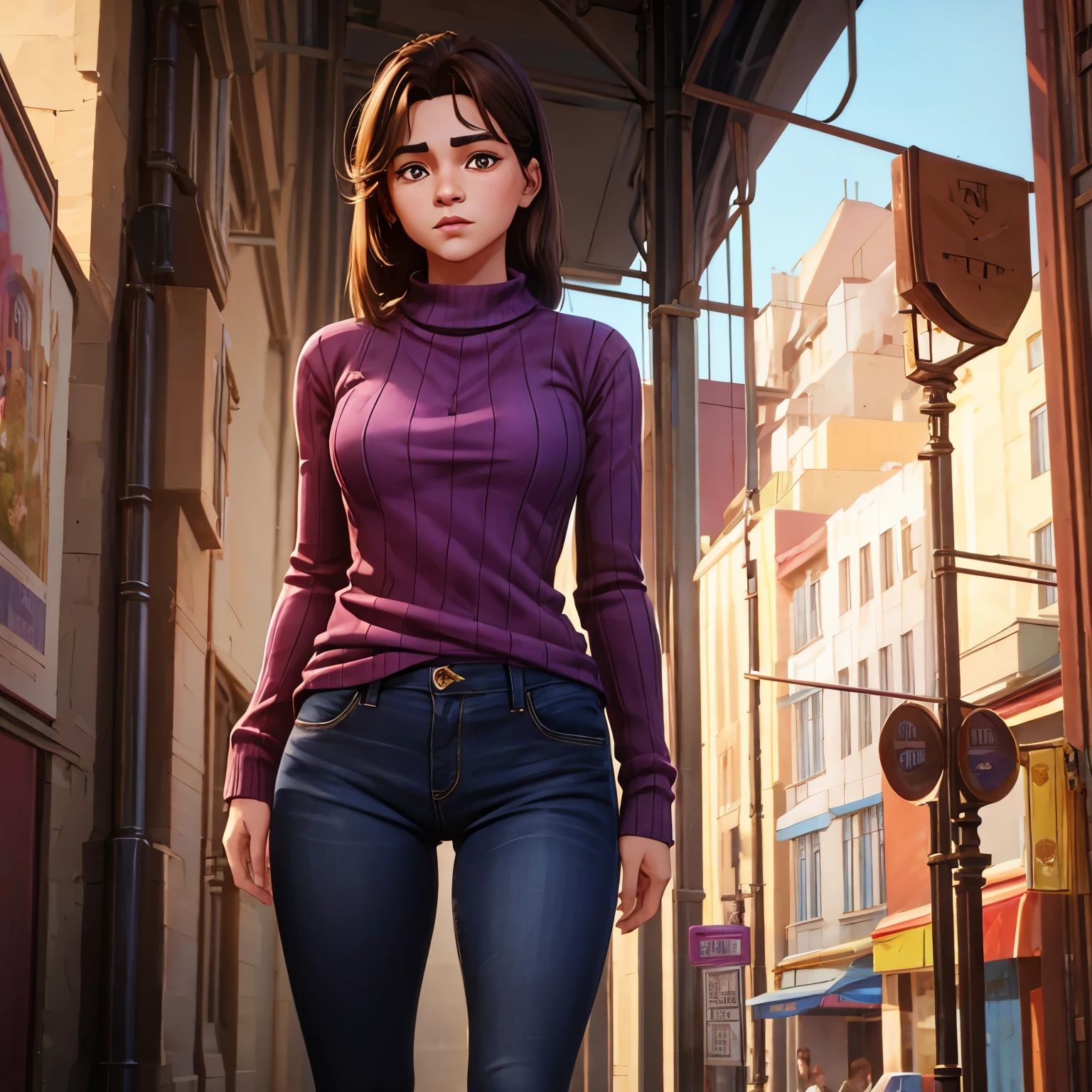 18, female, middle brown hair with frekles 1st year in college, good body, her face is pretty and nice. She is very approachable.
She is new in the city, coming from a little town.
The clothes are a purple stripe sweater and a tight long jeans.
The draw style is animated.