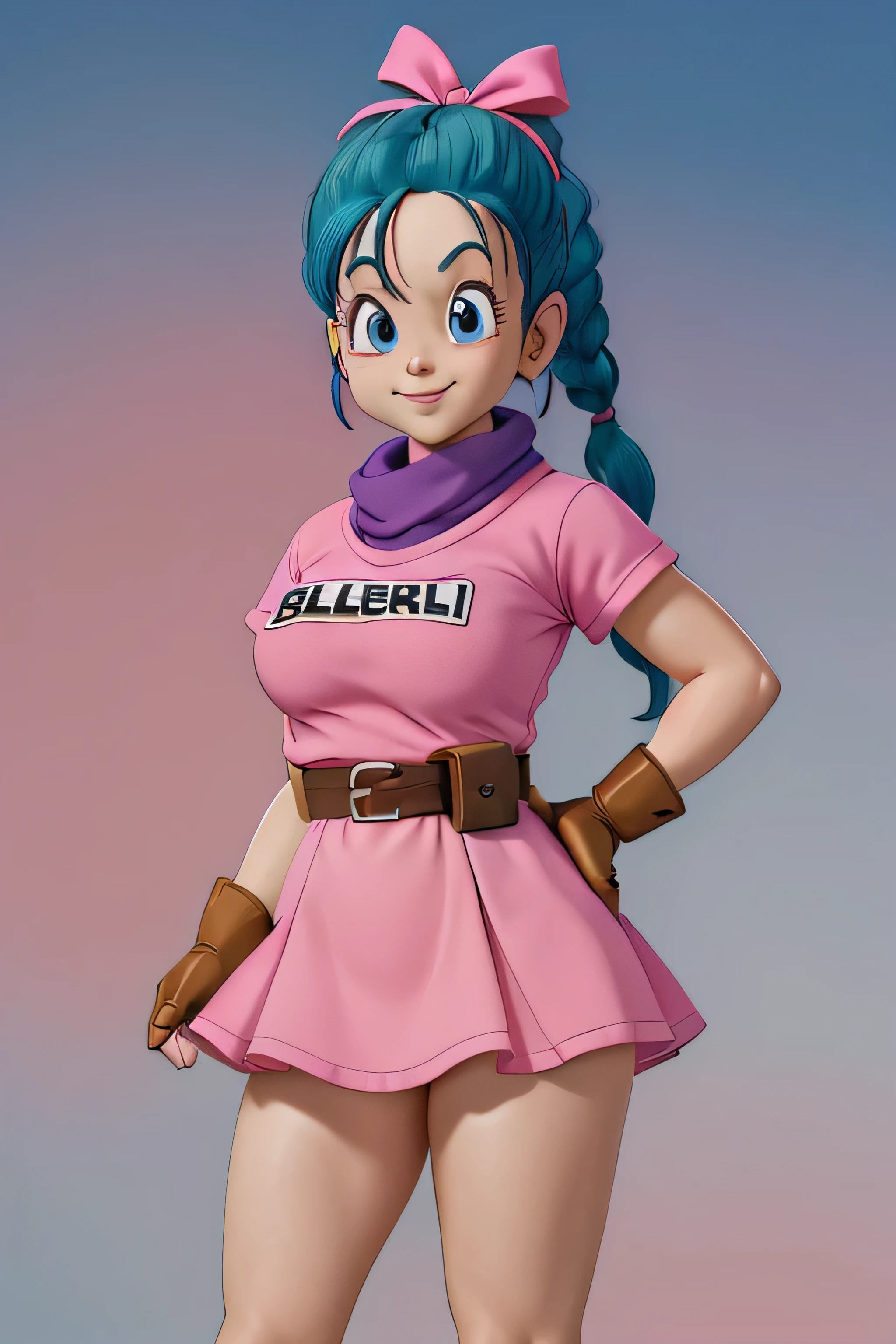 masterpiece, best quality, high resolution, dragon ball, blmpony, aqua hair, hair ribbon, braided ponytail, pink shirt, belt, scarf, pink skirt, clothes writing, brown gloves, medium breasts, in back pose, back wards looking camera, smile, show her booty, show ass, ultra mini dress,Anime,bulma  (WIND LIFTING HER SKIRT)  (detailed:1.3), ultra high res, ultra detailed, Highly detailed face and skin texture, detailed eyes ( FULL BODY)  1girl.