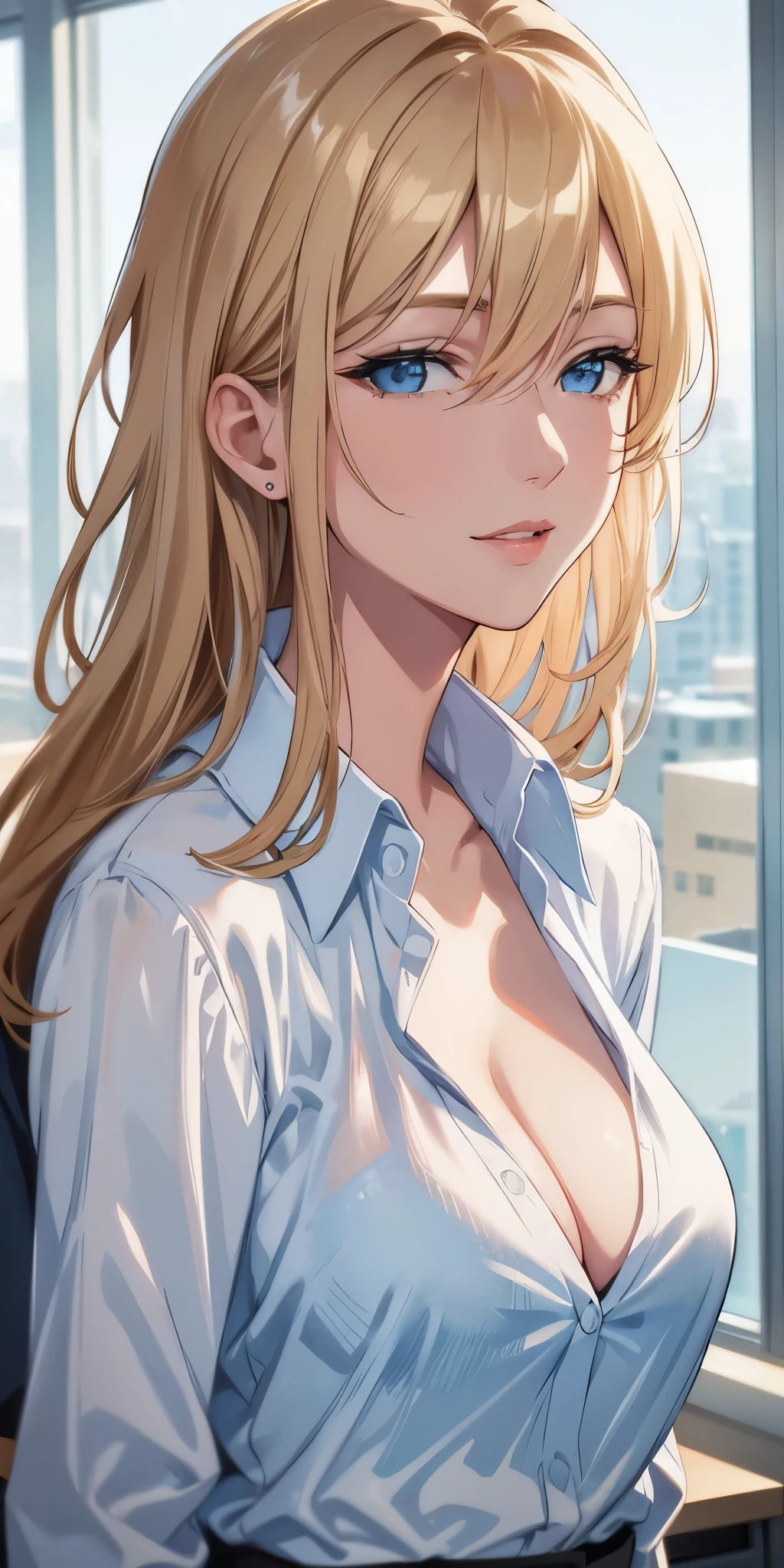 Best quality, 4k resolution, portrait, elegant boss lady, long straight hair, swept-side bang, [[brown hair]], blonde hair, light blue eyes, office shirt, cleavage, office window, soft light