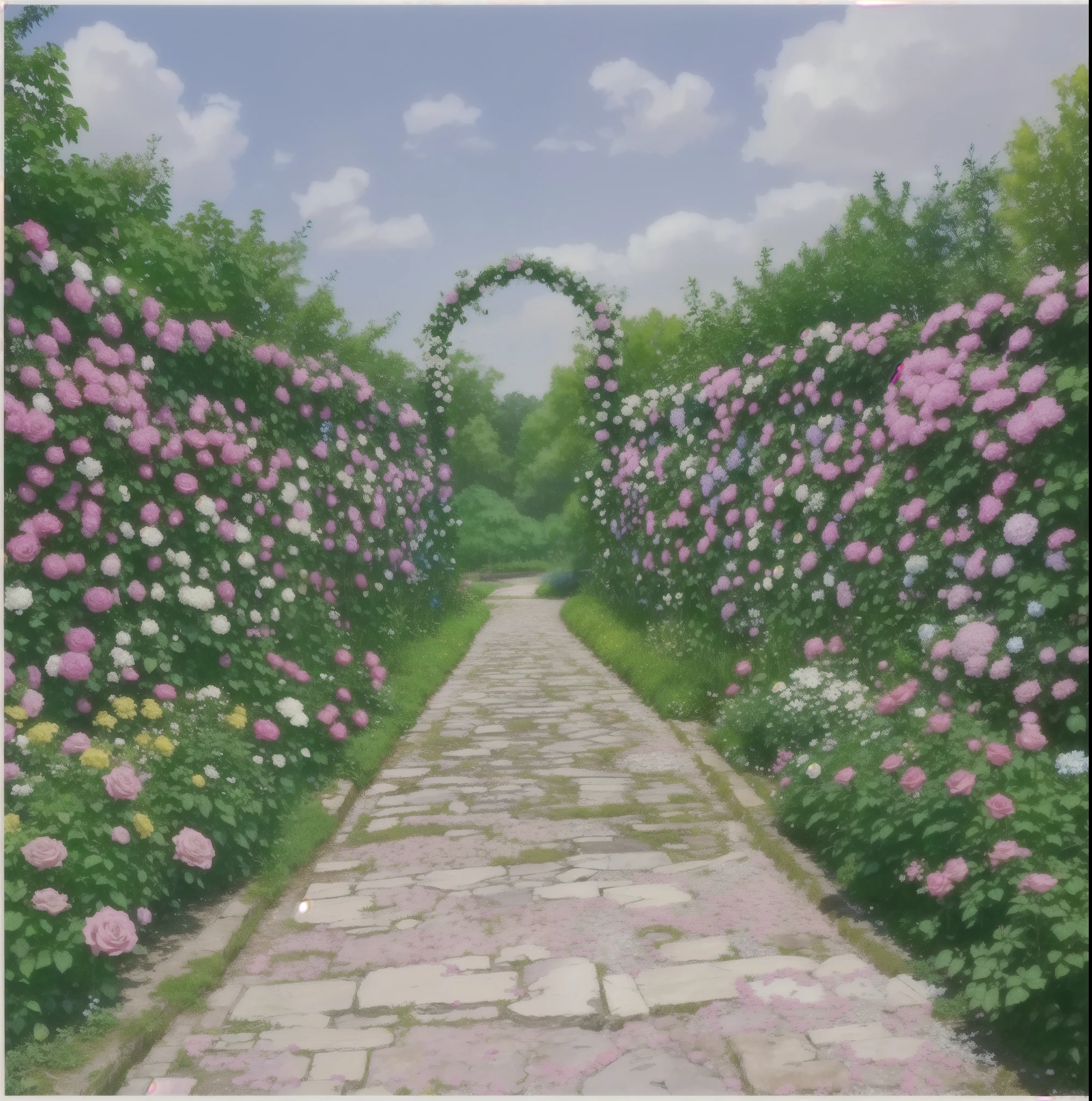 a photo,It was taken on a path with pink roses growing on the side of the road., The flowery road to heaven, portal made of roses, beautiful eden garden, leading to a beautiful, 玫瑰garden, garden背景, beautiful background, Enchanted Garden Photos, realistic garden, garden, incredibly beautiful, Cottage core garden, landscape, beautiful garden, beautiful garden on background