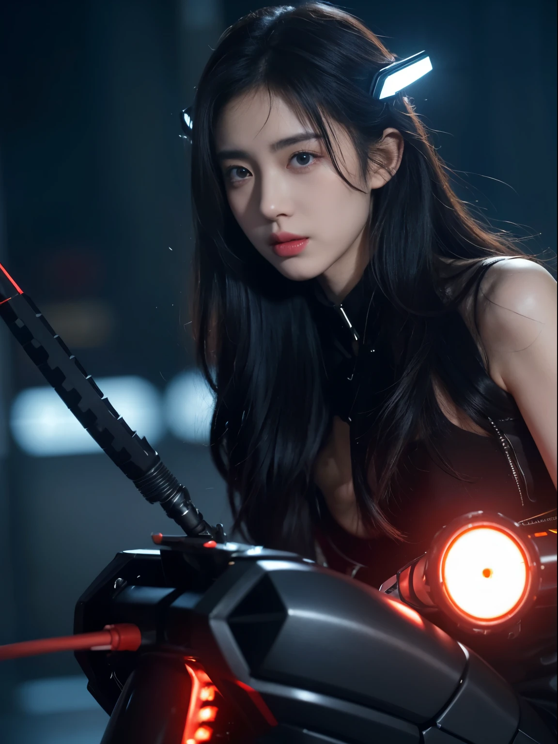 (Fight against mechanical robot soldiers)、top quality、Masterpiece、ultra high resolution、(sexy pose),(Wearing a futuristic visor)、(Realism:1.4)、original photo、1 girl、black hair、shiny skin、((1 Mechanical Girl))、((Super realistic details))、Potrat、(small led light)、Full body luminous cable tube、(Have the most advanced weapons),global illumination、shadow、octane rendering、8k、armpit、Super sharp、huge 、small led light、Bare raw skin at cleavage、Metal、blood vessels connected to tubes、Weapon、Red tights、armpit、Cyberpunk city background、Intricate jewelry details、Japan details、Highly intricate details、realistic light、CG social trends、blue eyes、radiant eyes、face camera、Neon details、(Helmet of the Brave)、mechanical limbs、Blood vessels connect to tubes mechanically attached to the vertebrae in the back、Mechanical cervical spine immobilizer、Wires and cables connected to the head、Gundam、small led light、Tustock、Tustock、Futuristic machine gun、Knives、