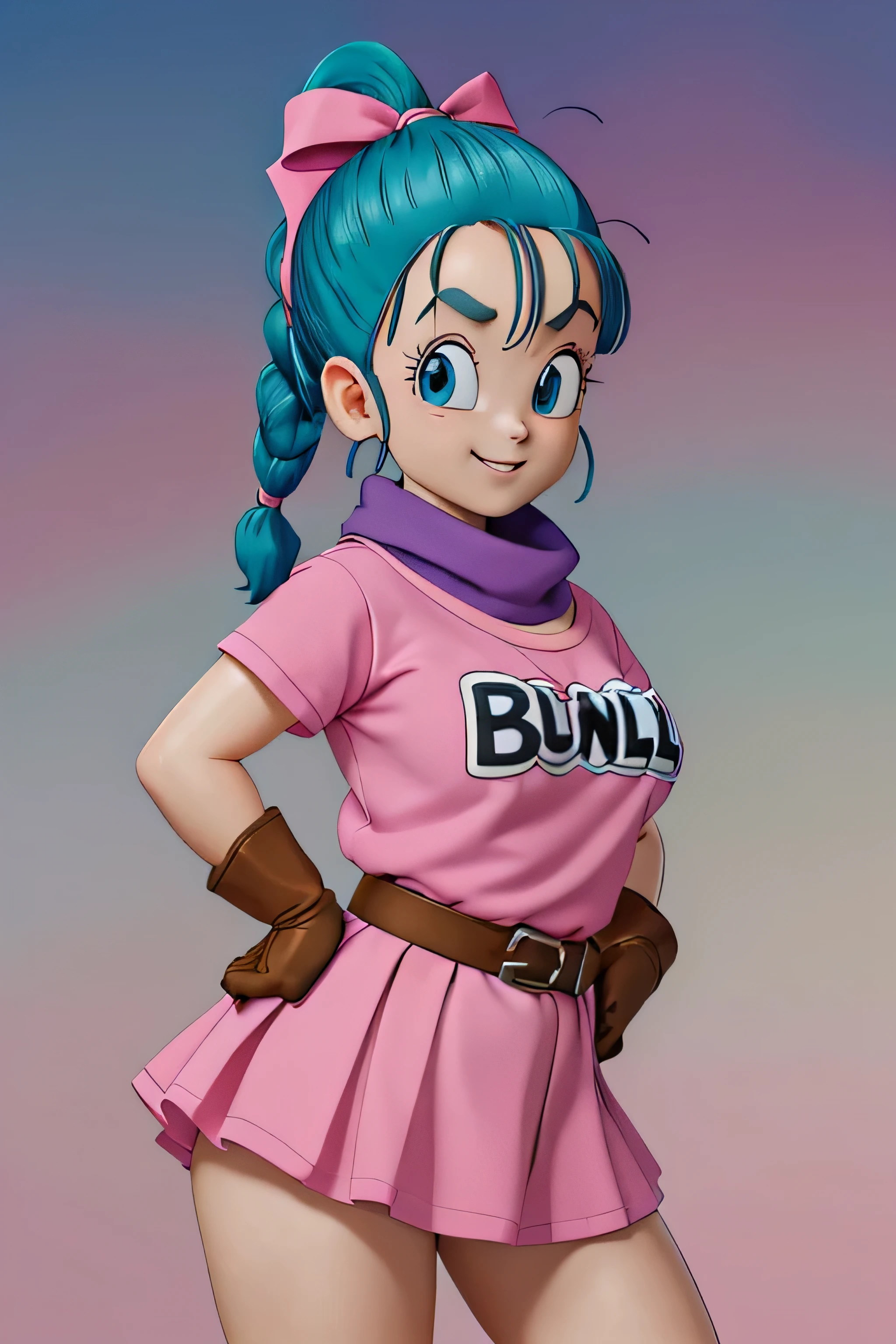 masterpiece, best quality, high resolution, dragon ball, blmpony, aqua hair, hair ribbon, braided ponytail, pink shirt, belt, scarf, pink skirt, clothes writing, brown gloves, medium breasts, in back pose, back wards looking camera, smile, show her booty, show ass, ultra mini dress,Anime,bulma  (WIND LIFTING HER SKIRT)  (detailed:1.3), ultra high res, ultra detailed, Highly detailed face and skin texture, detailed eyes ( FULL BODY)  1girl.