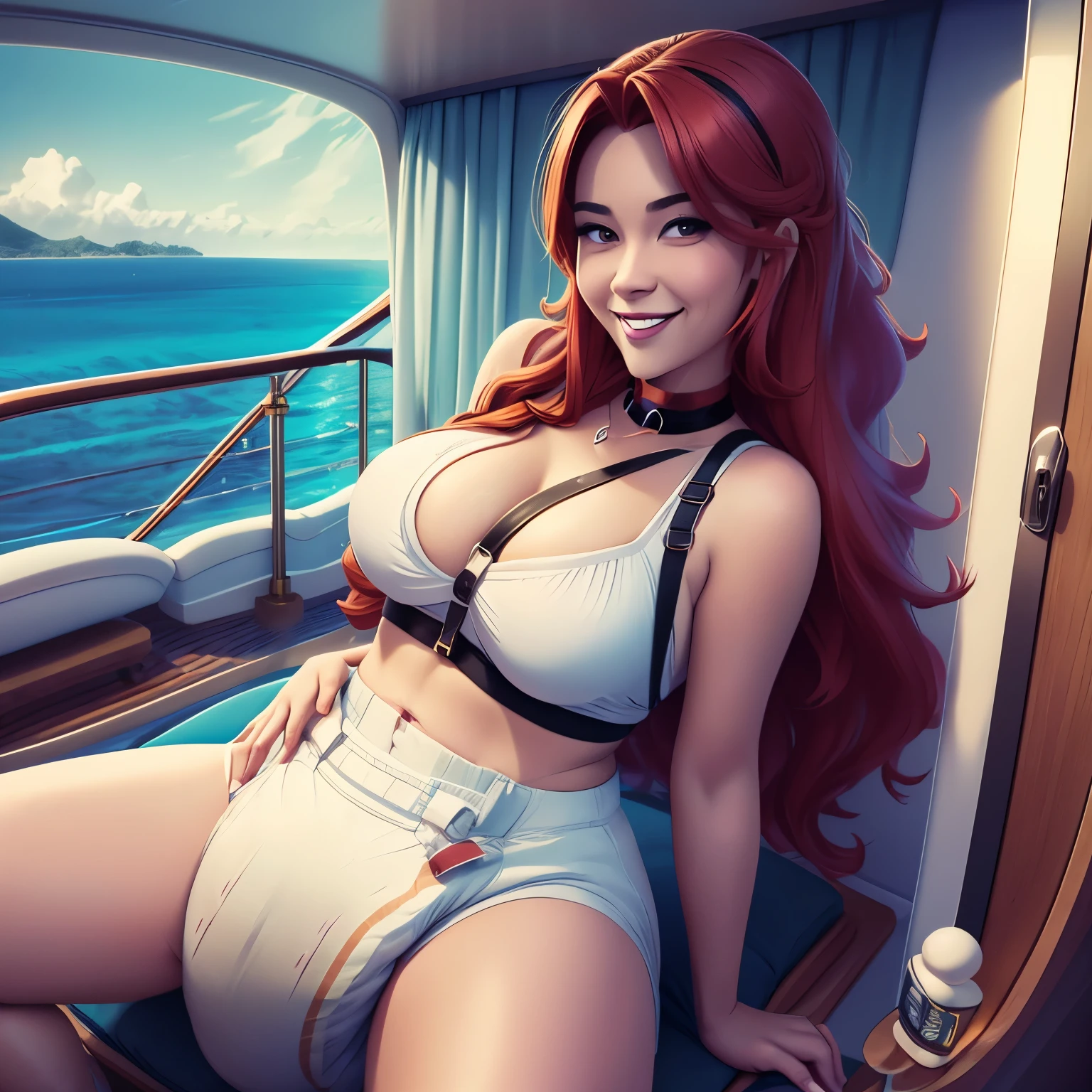 young woman, long red hair, human, light skin, curvy, black choker, large breasts, huge breasts, wearing a diaper, adult diaper, plain white diaper, thick diaper, bulky diaper, bulbous diaper, heavy diaper, naughty smile, in a cruise ship bedroom, sunny island seen out thr balcony.