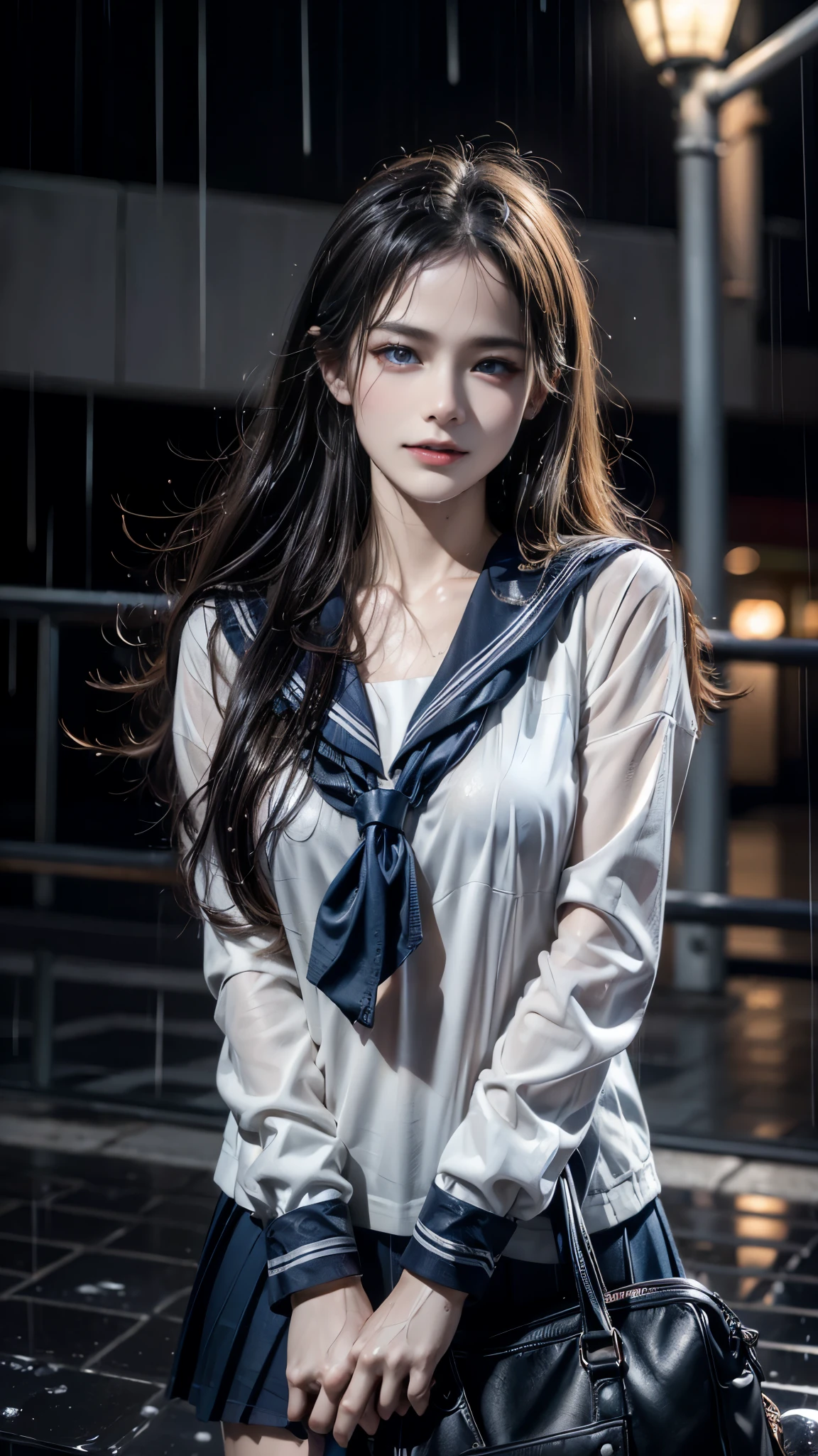 (RAW shooting, Photoreal:1.5, 8k, highest quality, masterpiece, ultra high resolution), perfect dynamic composition:1.2, street corner at night, look up at the sky:1.3, (((Typhoon heavy rain))), Highly detailed skin and facial textures:1.2, Slim high school girl wet in the rain:1.3, sexy beauty, perfect style:1.2, beautiful and aesthetic, Fair skin, very beautiful face, (rain drips all over my body:1.2, wet hair:1.4, wet uniform:1.2), water droplets on the skin, (Medium chest, Chest gap), (embarrassing smile, The expression on your face when you feel intense caress, Facial expression when feeling pleasure), (beautiful blue eyes, Eyes that feel beautiful eros:0.8), (Too erotic:0.9, Bewitching:0.9), cowboy shot, student bag, perfect limbs, perfect fingers