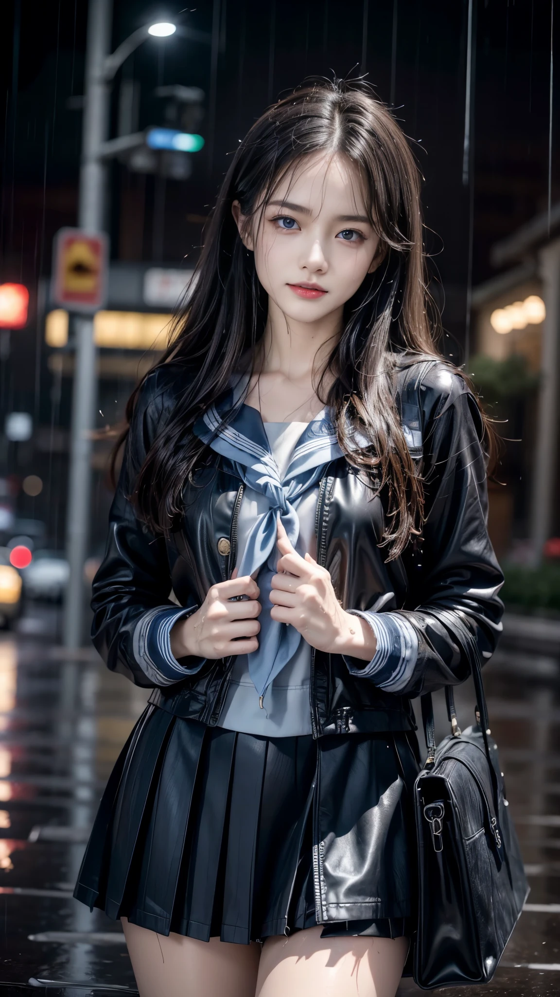 (RAW shooting, Photoreal:1.5, 8k, highest quality, masterpiece, ultra high resolution), perfect dynamic composition:1.2, street corner at night, look up at the sky:1.3, (((Typhoon heavy rain))), Highly detailed skin and facial textures:1.2, Slim high school girl wet in the rain:1.3, sexy beauty, perfect style:1.2, beautiful and aesthetic, Fair skin, very beautiful face, (rain drips all over my body:1.2, wet hair:1.4, wet uniform:1.2), water droplets on the skin, (Medium chest, Chest gap), (embarrassing smile, The expression on your face when you feel intense caress, Facial expression when feeling pleasure), (beautiful blue eyes, Eyes that feel beautiful eros:0.8), (Too erotic:0.9, Bewitching:0.9), cowboy shot, student bag, perfect limbs, perfect fingers