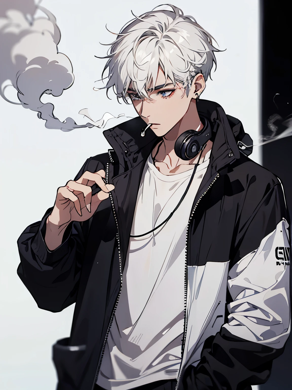 Male, e , smoking with a black jacket and white. E com fone ouvindo musica, headphone.