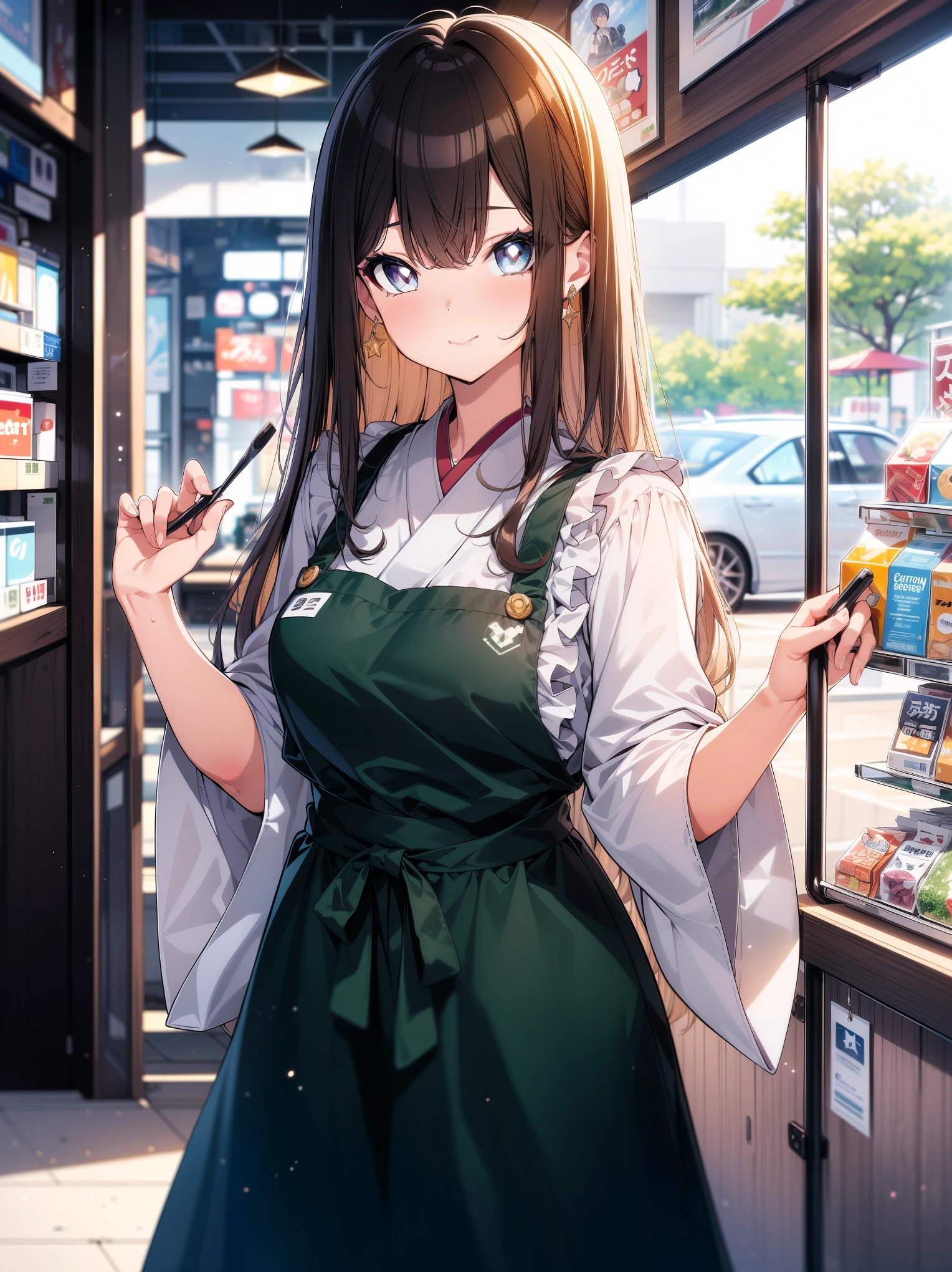 (masterpiece), (cowboy shot), (best quality, ultra-high resolution, depth of field:1.2), 1woman, adult, medium breasts, loose clothes, (wearing casual modern clothes), frills, long skirt with frills, brunette, long hair, (lavender eyes), bright eyes, starry eyes, (apron), Japanese convenience store scenery, gentle smile, sweating, starry night