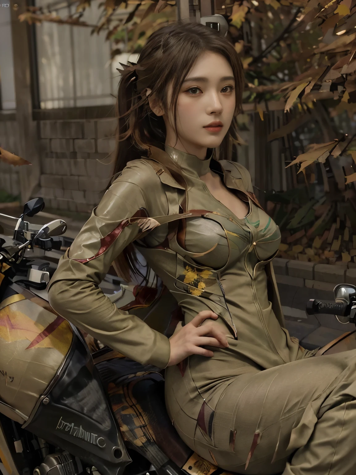  (realistic:1.5), 8k, Super delicate beauty, 1 girl, intricate motorcycle details, (short: 1.3), (highest quality: 1.0), (Super high sharpness: 1.0),（Beautiful and delicate depiction of eyes）,unreal engine:1.4, photorealistic:1.4, skin texture:1.4, masterpiece:1.8,highest quality、smile、long limbs、(((riding a motorcycle)))、(((Autumn leaves gradation rider suit and long pants)))、((spread legs))、((twin tail hair))