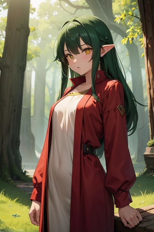 (((Masterpiece, highest quality, high definition, high detail)))), one, ((fantasy)))), (elf woman)))), (white short skirt with gold embroidery), (blonde long straight hair), (glossy dark green eyes), (green surcoat with gold embroidery), big, (((National Library of the royal capital)), (A large space with a lot of books)), sit in a chair and read a book , Particles of light flying