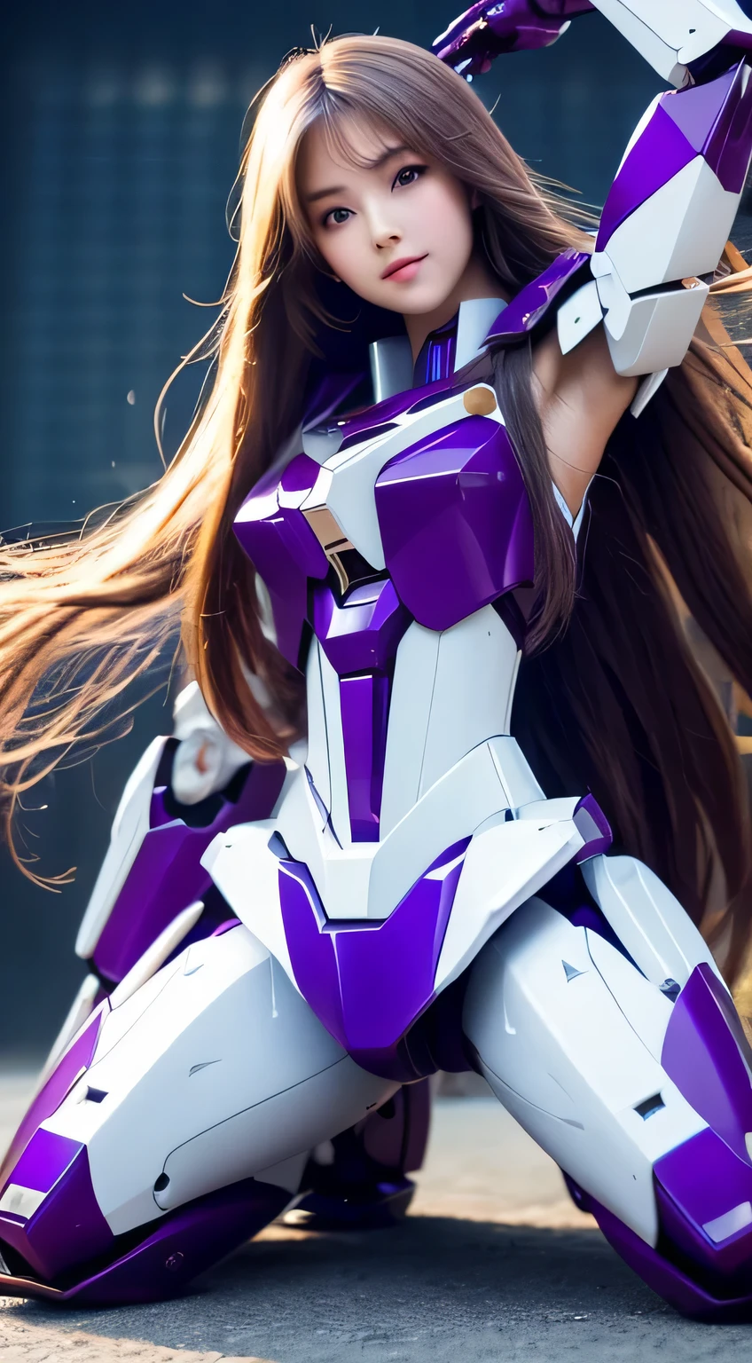 Textured skin, Super Detail, high details, High quality, Best Quality, hight resolution, 1080p, Gorgeous beauty、Girl with Beautiful Mecha Body、(Gundam) Girl with robot body, very very long long hair rapunzel, sit down, Full body, purple, flying.