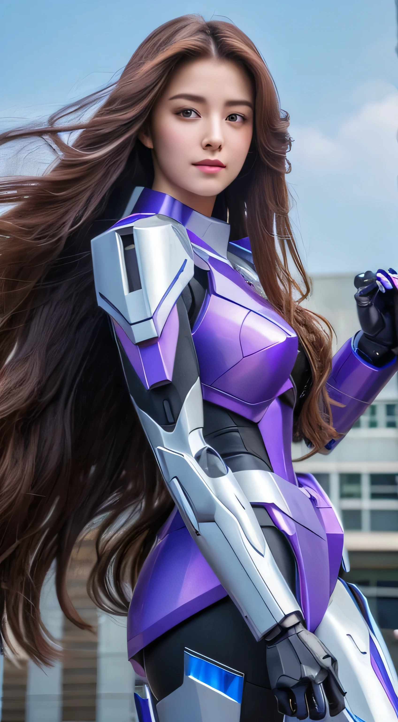 Textured skin, Super Detail, high details, High quality, Best Quality, hight resolution, 1080p, Gorgeous beauty、Girl with Beautiful Mecha Body、(Gundam) Girl with robot body, very very long long hair rapunzel, sit down, Full body, purple, flying.