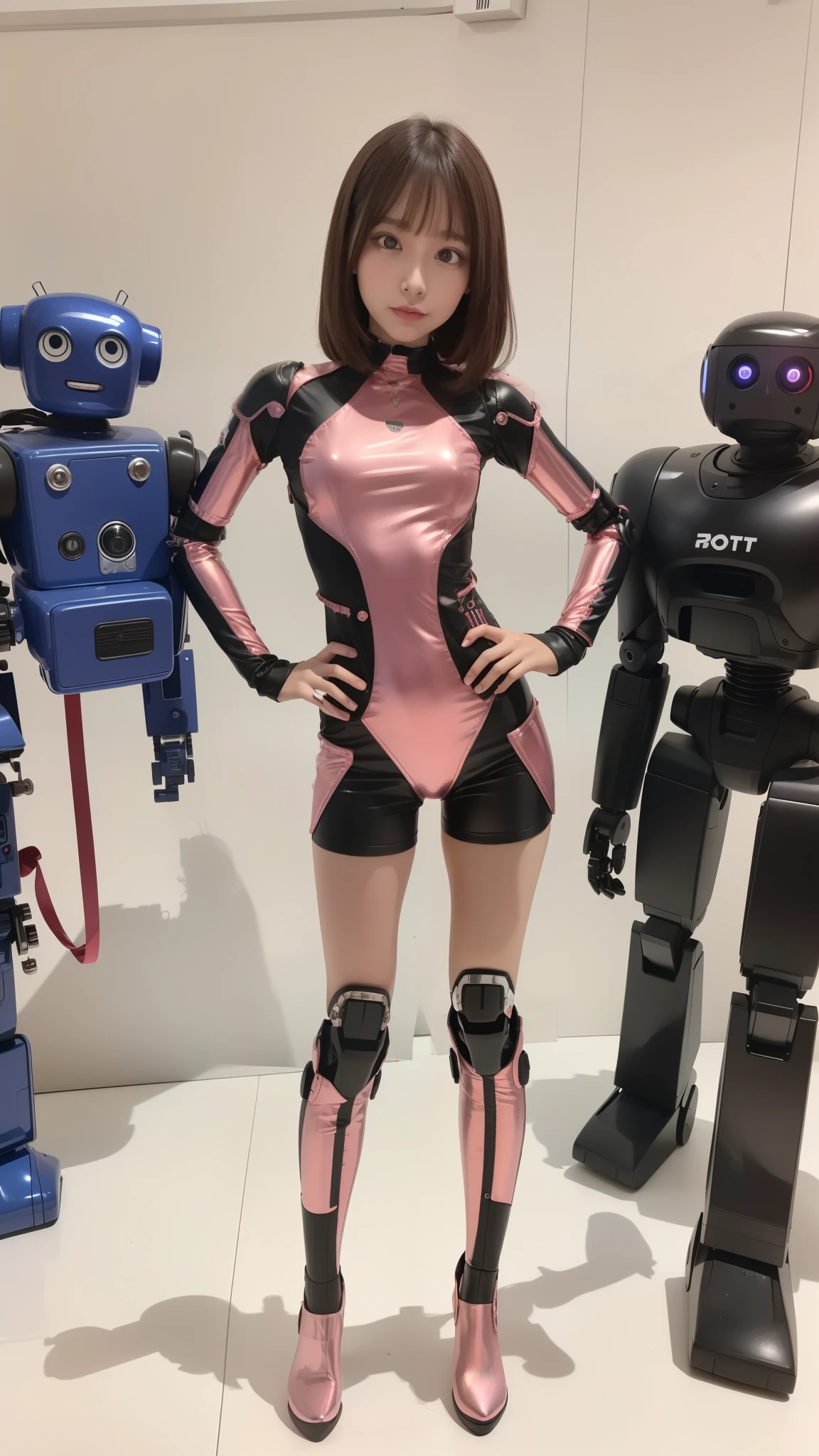 Robot Girl, pink there, Silver, Metallic body, Robot Parts, Metal Parts, Super Detailed Face, Super well-formed face, of the highest quality, a small face, a small head, Brown hair, Slender body, Camera gaze, Internal Mechanical Exposure, Idol, front facing, Well-proportioned body, sale, Exhibited, Event Hall, Moe Pose, pink metallic Lolita dress machine armor, Standing with legs open, Model body type, sad, Embarrassing,(Perfect Robot Girl),(Perfect machine body)
