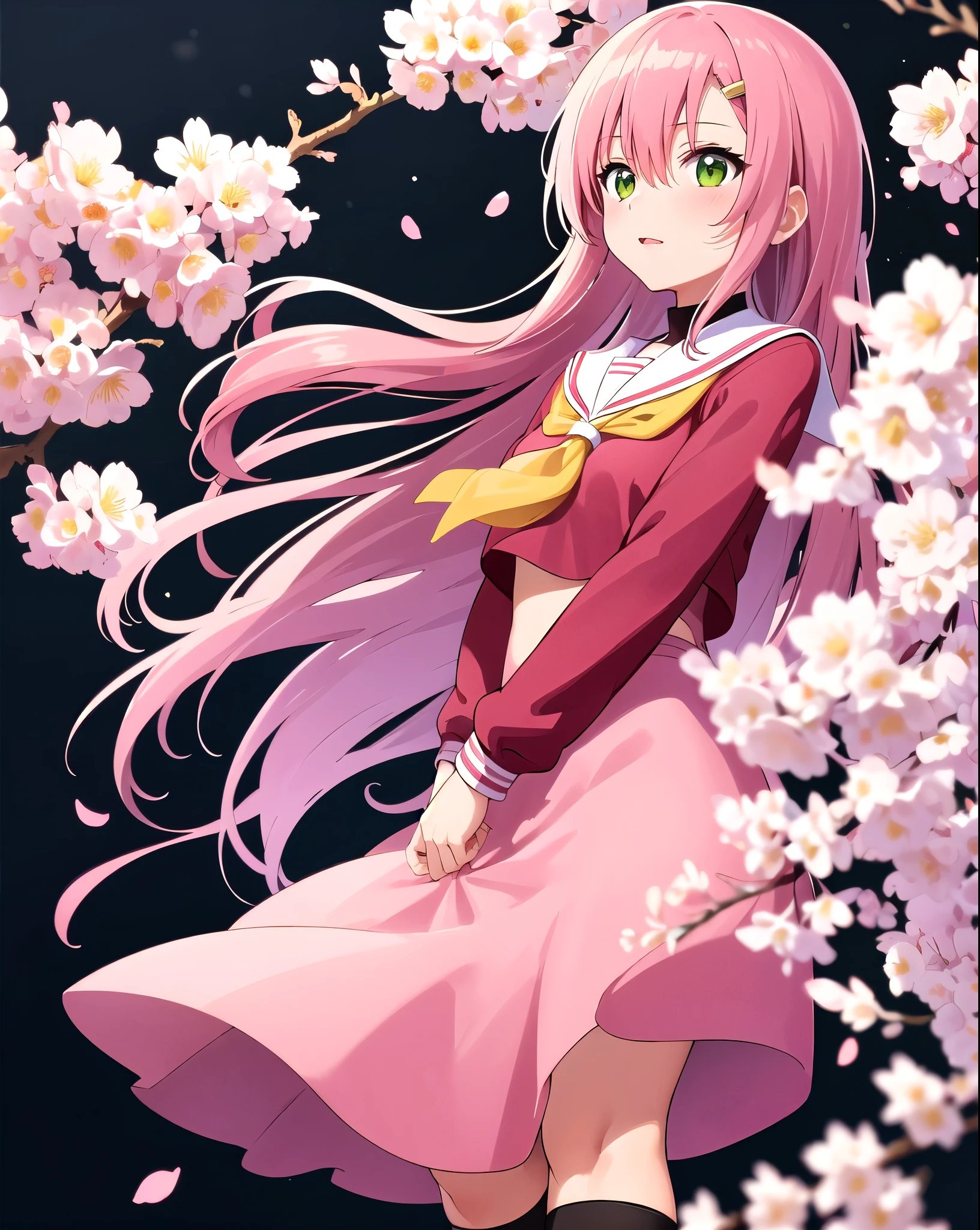 masterpiece, highest quality, 1 girl, hinagiku katsura, pink hair, green eyes, very long hair, straight hair, hair between eyes, hair ornaments, white cherry blossom uniform, sailor collar, serafuku, red shirt, pink skirt, yellow neckerchief, long sleeve, black stockings, cowboy shot,