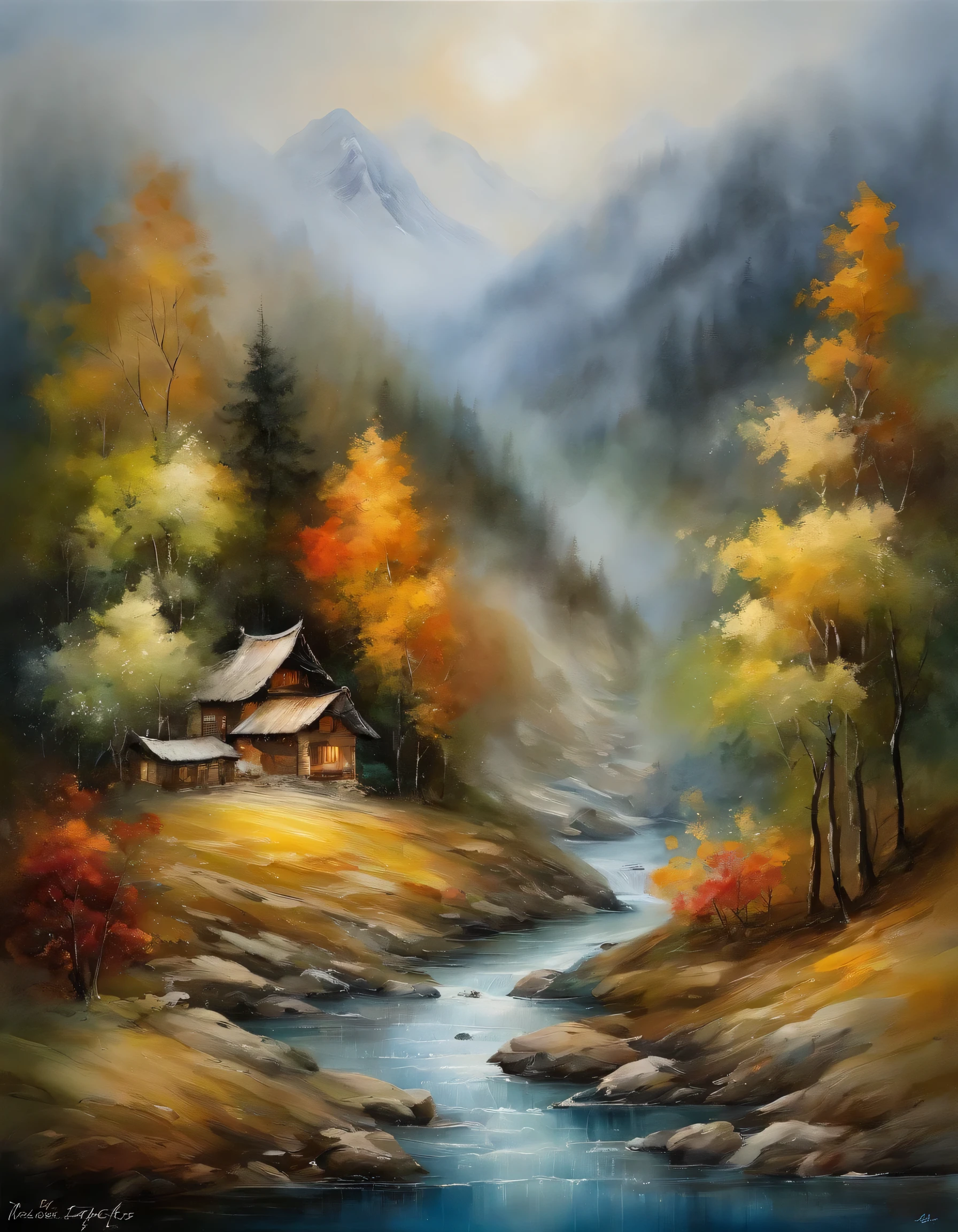 Bizarre steep peaks，There is a stream at the foot of the mountain，There are reflections in the flow,Rustic cottage,And the smoke from cooking rises，Pine has a peculiar shape，Swings in the wind Matte look,surreal photo,magical dream,pixel perfect,hyper HD,in panoramic view,Resolution 8K,ultra wide angle,Distant view,Chinese paintings,Realistic,action painting