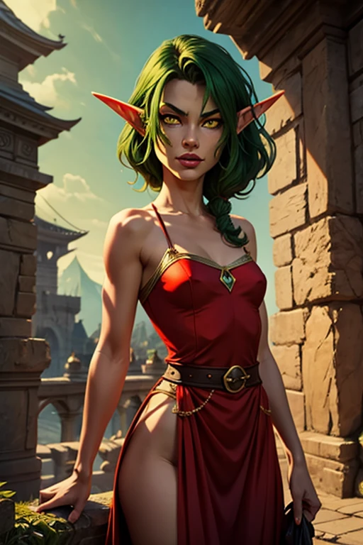 (((Masterpiece, highest quality, high definition, high detail)))), one, ((fantasy)))), (elf woman)))), (white short skirt with gold embroidery), (blonde long straight hair), (glossy dark green eyes), (green surcoat with gold embroidery), big, (((National Library of the royal capital)), (A large space with a lot of books)), sit in a chair and read a book , Particles of light flying