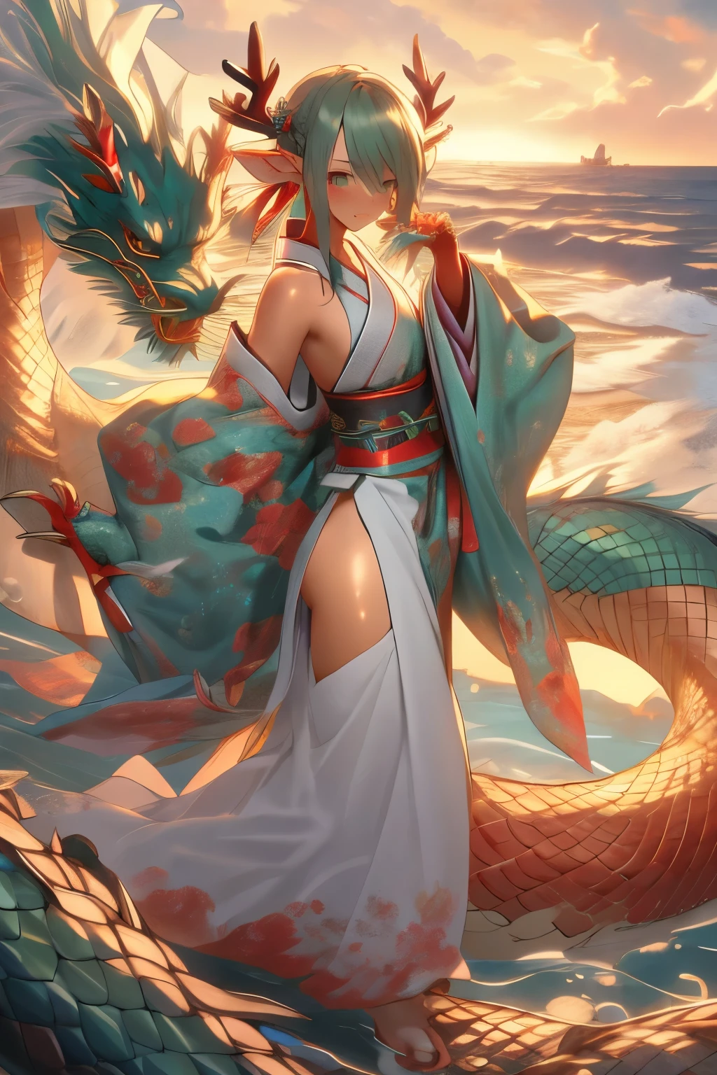 Masterpiece, top quality, best quality, (beauty and aesthetics: 1.3), extreme details, (fractal art: 1.3), colorful, water and Chinese dragon, snake body, claws, cyan and 1 girl, media for hanfu girls, hanfu, cyan