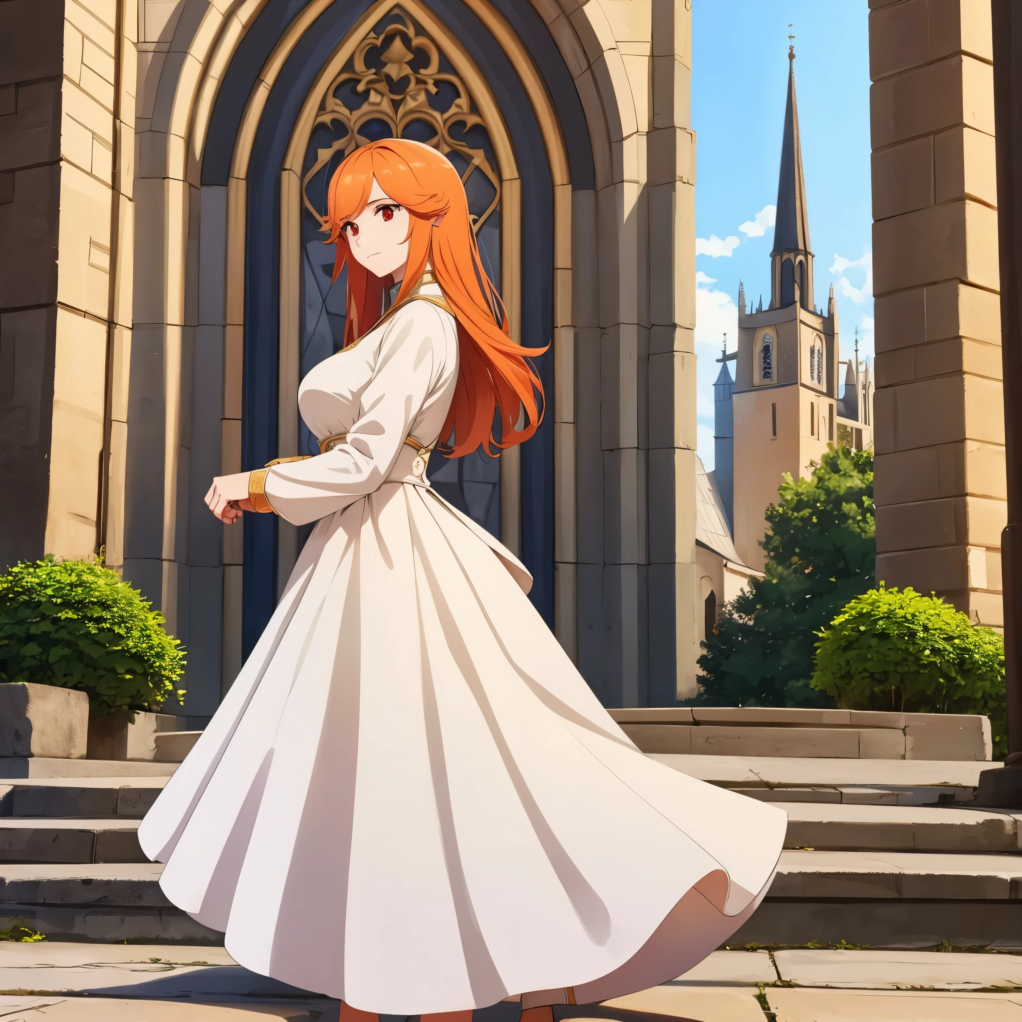 A woman wearing a white dress with gold details, in front of a medieval church with a medieval garden, long orange hair, red eyes.
