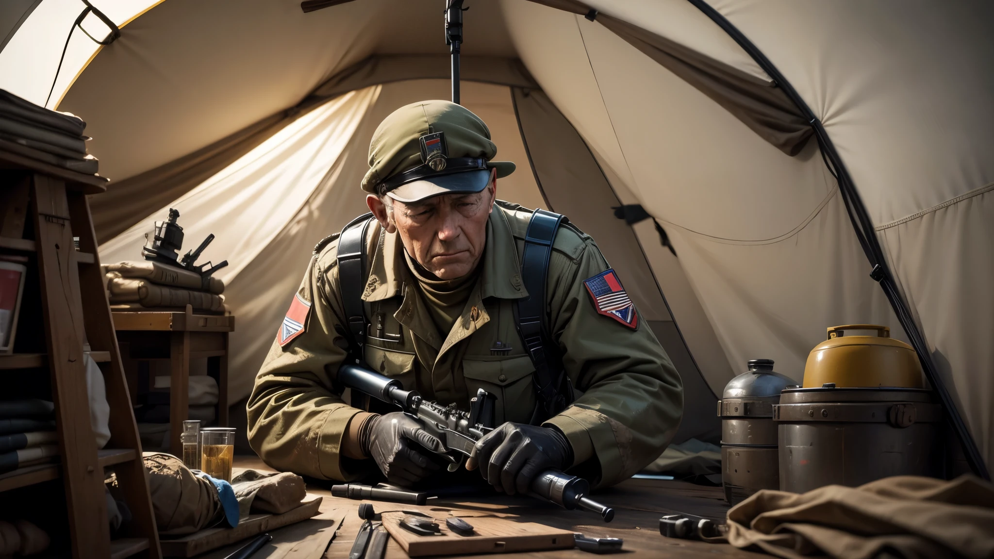 best quality, ultra high resolution，masterpiece, （reality，detail，close up）World War II，In a tent in a military camp，A soldier repairing a rifle