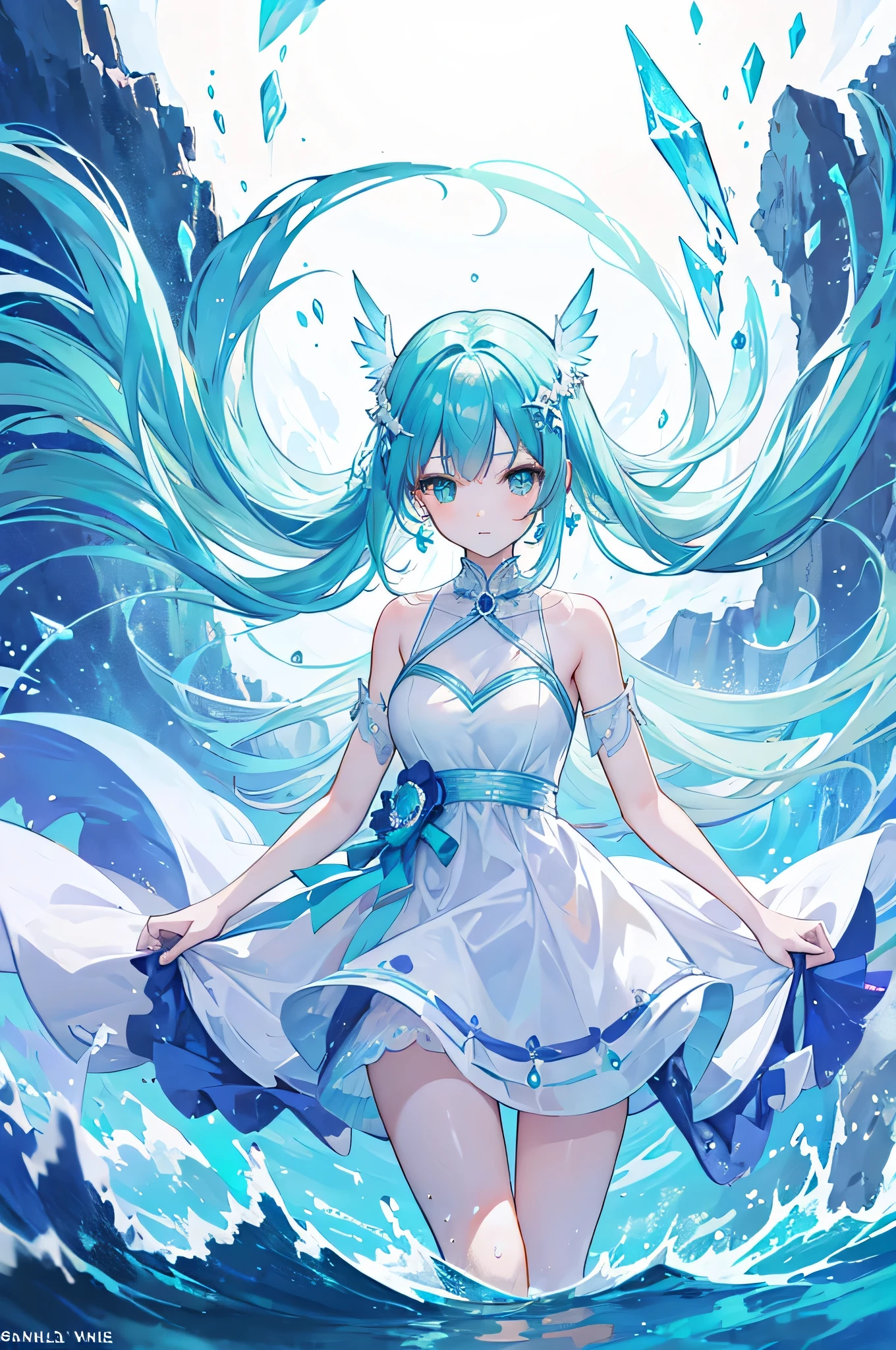 1 girl, alone, aqua, Spirit, unusually long hair, splash of water, prismatic colored crystal wings, crystal dress, hair ornaments, masterpiece, highest quality, 
Water floating, flow of water, Spiral water, Water behind, whirlwind of water, Crystal AI,