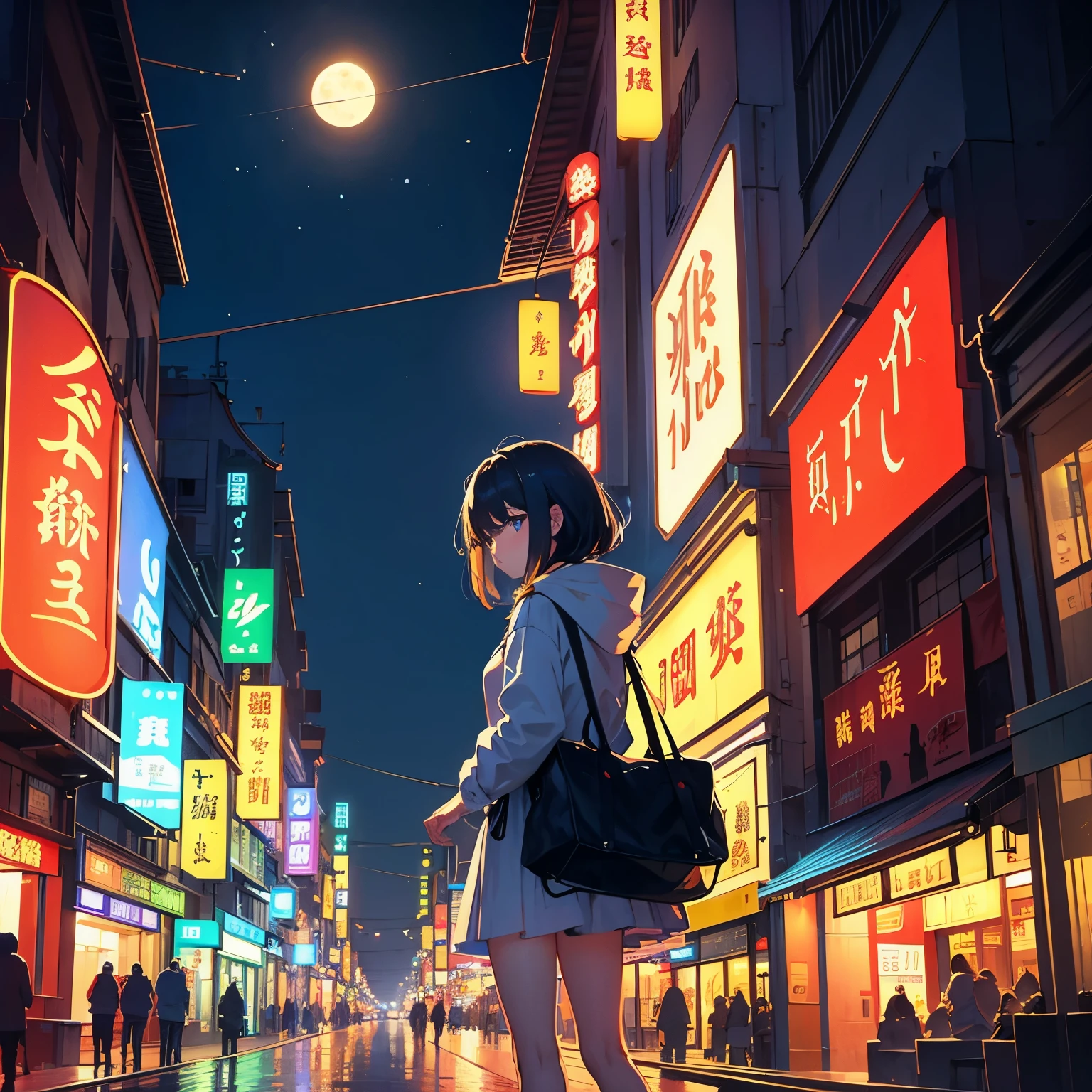 low angle,from below, ((masterpiece:1.4, best quality)), ((masterpiece, highest resolution)), (beautiful illustration),Scenery of Zhuanhua Street at night with neon lights、There's a road in the middle、There are bars and other shops on both sides.、Illustration image looking up from a camera placed at a height of 1 meter in the middle of the road、I can see the night sky、full moon