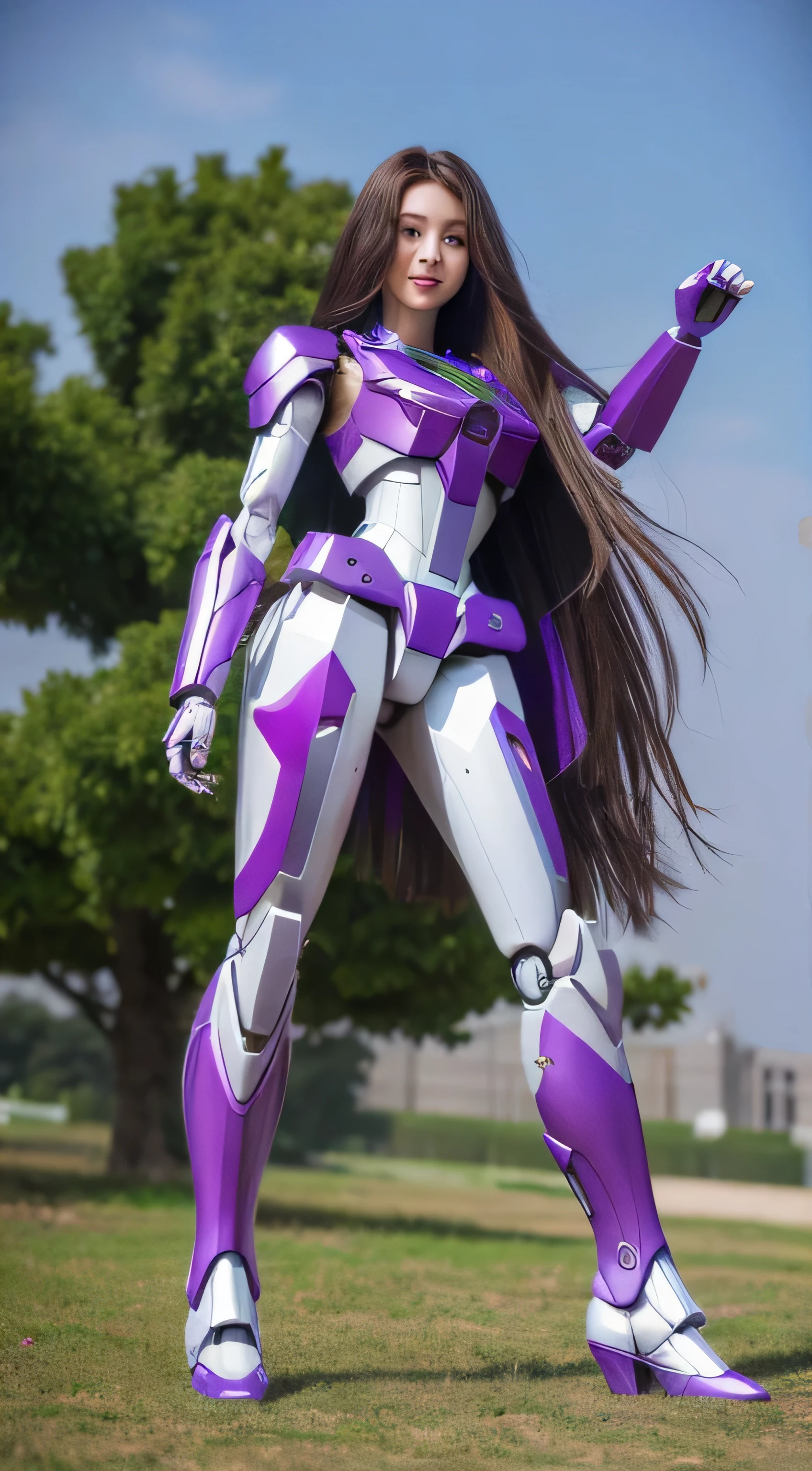 Textured skin, Super Detail, high details, High quality, Best Quality, hight resolution, 1080p, Gorgeous beauty、Girl with Beautiful Mecha Body、(Gundam) Girl with robot body, very very long long hair rapunzel, sit down, Full body, purple, flying.