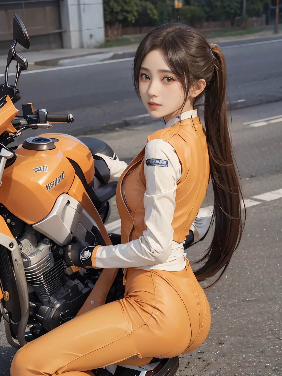  (realistic:1.5), 8k, Super delicate beauty, 1 girl, intricate motorcycle details, (short: 1.3), (highest quality: 1.0), (Super high sharpness: 1.0),（Beautiful and delicate depiction of eyes）,unreal engine:1.4, photorealistic:1.4, skin texture:1.4, masterpiece:1.8,highest quality、smile、long limbs、(((riding a motorcycle)))、(((Orange gradation rider suit and long pants)))、((twin tail hair))