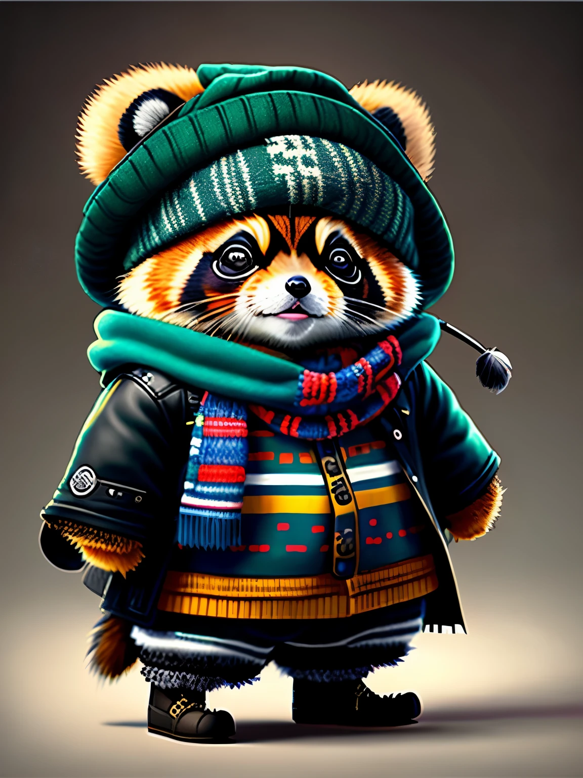 picture of a tanuki in a hat and scarf, art station trend, dressed in punk clothes, hyper realistic detailed rendering, british gang member, urban style, intimidating pose, planet of cats, fashion clothes, urban samurai, meow, west slavic traits, 8 1 5