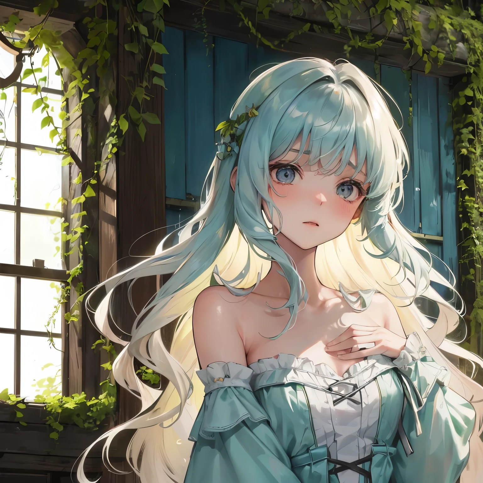 In the quiet solitude of a -yeld gis room, surrounded by lush greenery and vibrant flowers, stand an unmistakable air of innocence and vulnerability. The girl, with her tender frame and delicate features, is naked, her frail body exposed to the gentle breeze filtering through the open window. Her skin, still untouched by the harsh realities of adulthood, bears a light blush, as if in embarrassment of her current state. Her long hair, cascading down in soft waves, lightly veils her face as she shyly hides among the verdant foliage. The room is adorned with assorted p