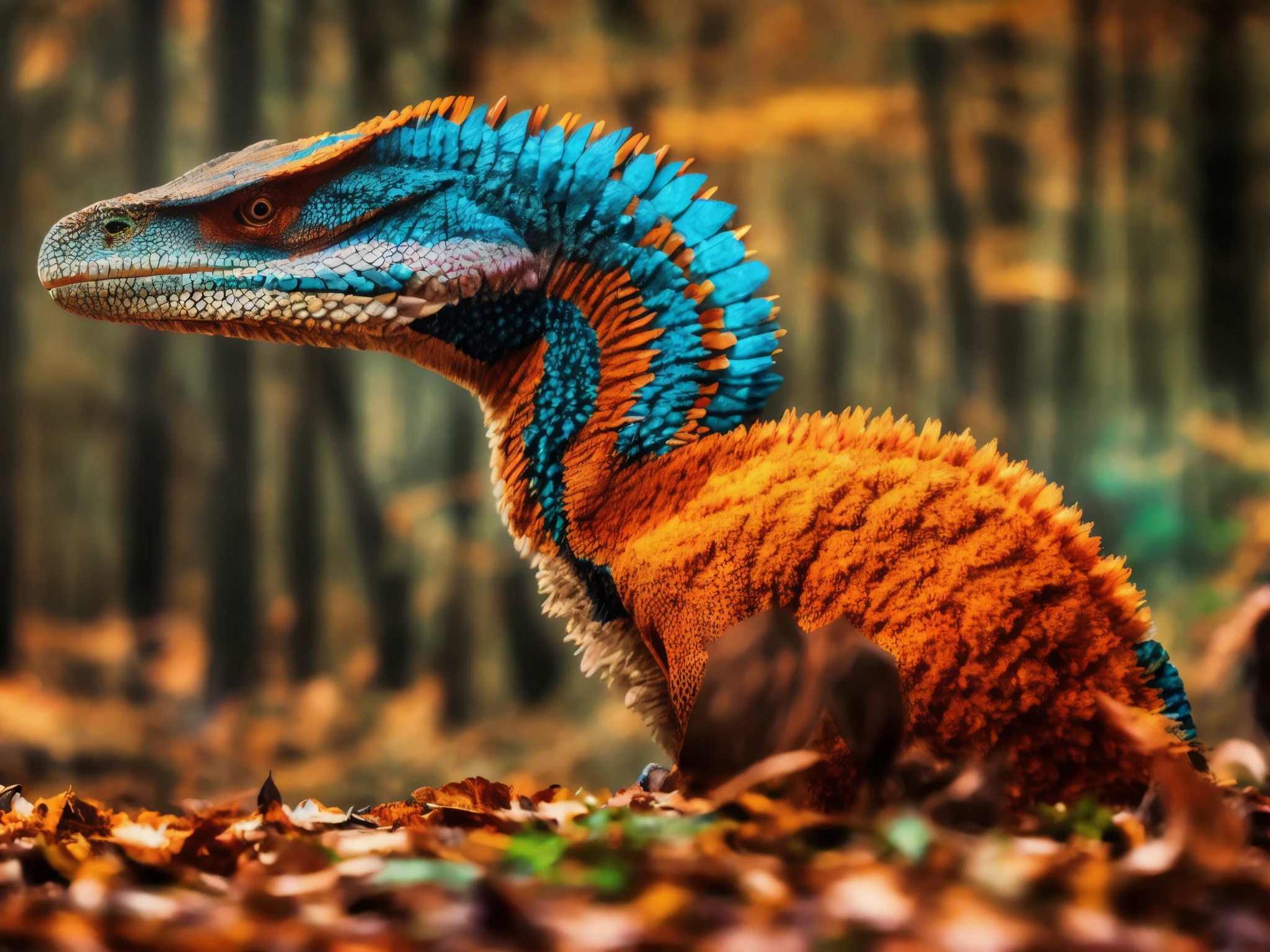 compose an ultraasharp image showcasing a majestic Velociraptor reptile with a fiery palette of orange  and red feathers. The bird's eye should be a striking turquoise, set against the contrasting plumage, with a sharp, curved Jaws. The feathers are detailed with varying shades, adding a sense of texture and depth. In the background, include soft, out-of-focus lights in the autumn forest to give an ethereal, bokeh effect that complements the ultrasharp focus on the reptile´s head., Movie Still,Movie Still