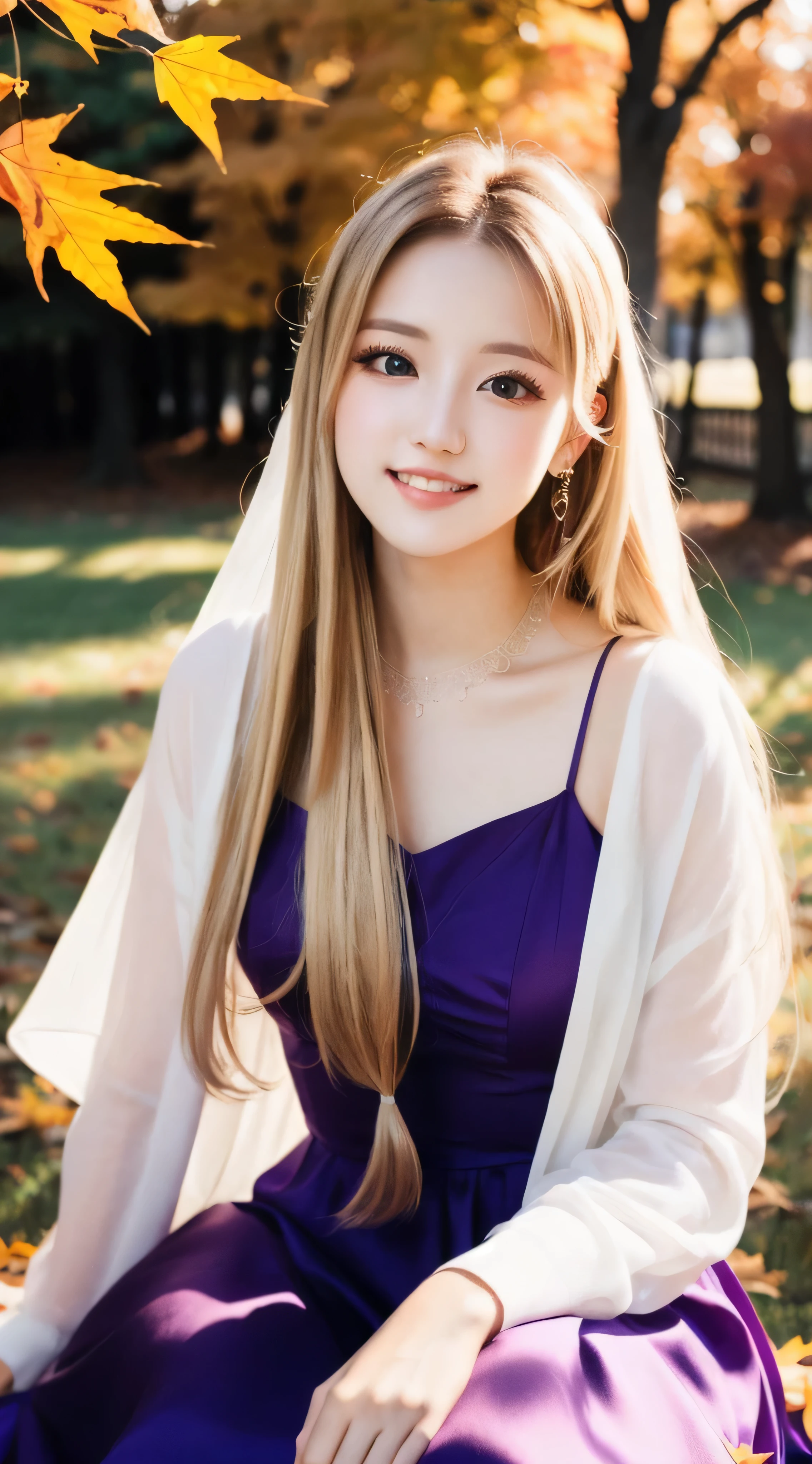 Fullbody, ((best quality)), ((ultra res)), ((photorealistic:)), (intricate details), 22 years old, blonde very very long  hair rapunzel, perfect face, make up:.  light on face, face detail, sit down in fall, excited, full body, purple, singing 