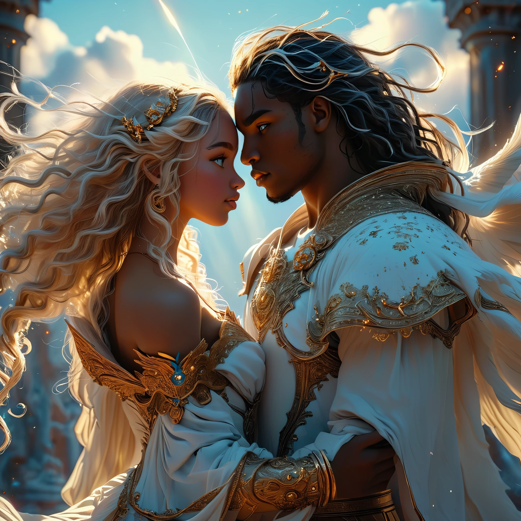 duo of warrior in a celestial landscape, young dark-skinned duo in their 20s, in hell, they are fighting each other, he is a prince of the fallen angels with long curly caramel hair, she is a mixed-race princess, she has freckles, she is blonde with grey eyes, Full body, 8K, extremely detailed, high quality, (photorealistic:1.37), Full body, ideal proportions and defined complexion, meticulously crafted features, unreachable beauty, perfection, breathtaking elegance, g curves, goddess-like figures, divine symmetry, artistic masterpieces, vivid realism, hyper-detailed sculptures, life-like forms, truly awe-inspiring, impeccable craftsmanship, pure radiance, ethereal beauty, delicate contours, striking poses, sublime beauty, subtle nuances, dynamic compositions, vibrant colors, perfect lighting, soulful expressions, celestial aura, majestic presence, dreamlike atmosphere, unmatched gdetailed octane render trending on artstation, 8 k artistic photography, photorealistic concept art, soft natural volumetric cinematic perfect light, chiaroscuro, award - winning photograph, masterpiece, perfect composition, beautiful detailed intricate insanely