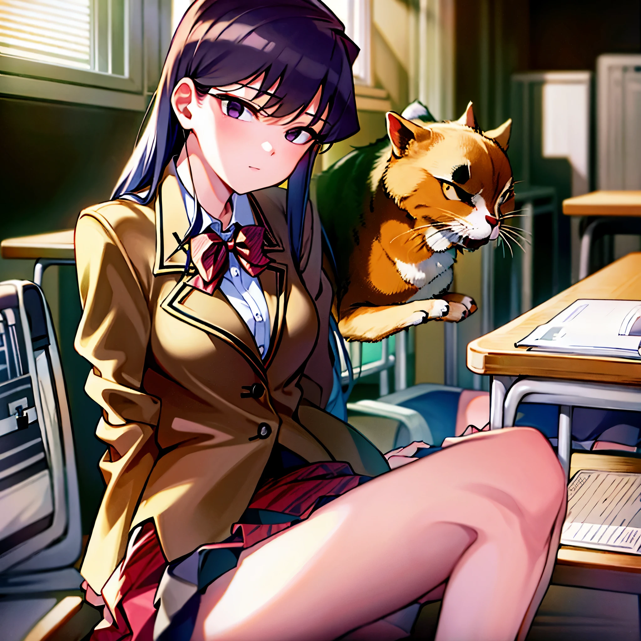 komiShouko, masterpiece, best quality, absurdres, 1girl, looking at viewer, v arms, pantyhose, classroom, school uniform, red skirt, red bow, blazer, window, sitting, chair, crowd,cross legs