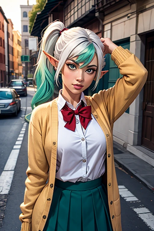 (((Masterpiece, highest quality, high definition, high detail)))), one, ((fantasy)))), (elf woman)))), (white short skirt with gold embroidery), (blonde long straight hair), (glossy dark green eyes), (green surcoat with gold embroidery), big, (((National Library of the royal capital)), (A large space with a lot of books)), sit in a chair and read a book , Particles of light flying