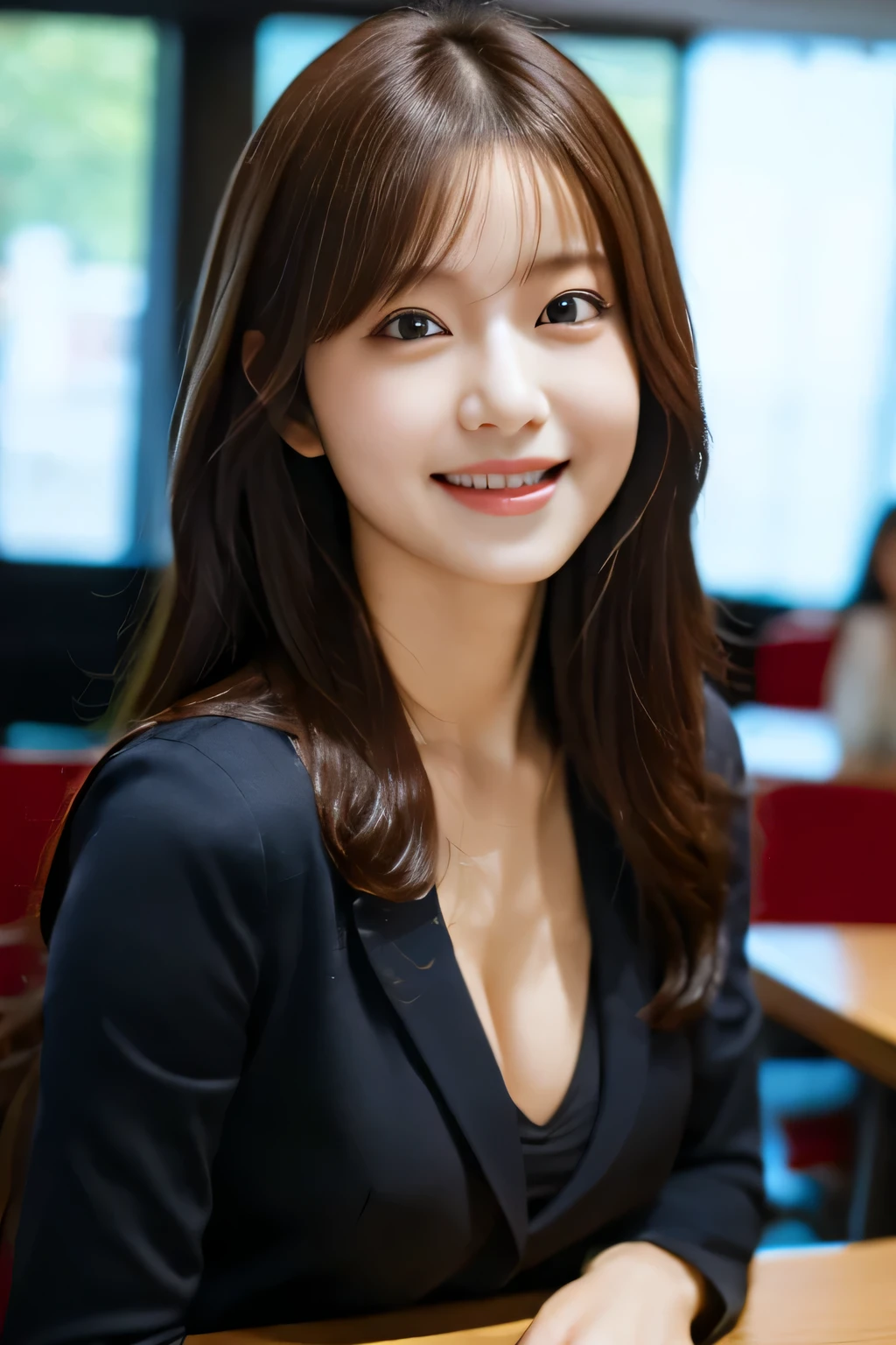 One Japanese girl, D cup breasts, smiling, detailed face, looking at viewer, wearing business suit, depth of field, 8k, RAW photo, photorealistic, perfect light, white skin , perfect anatomy, super high resolution, absurd, extremely complex,