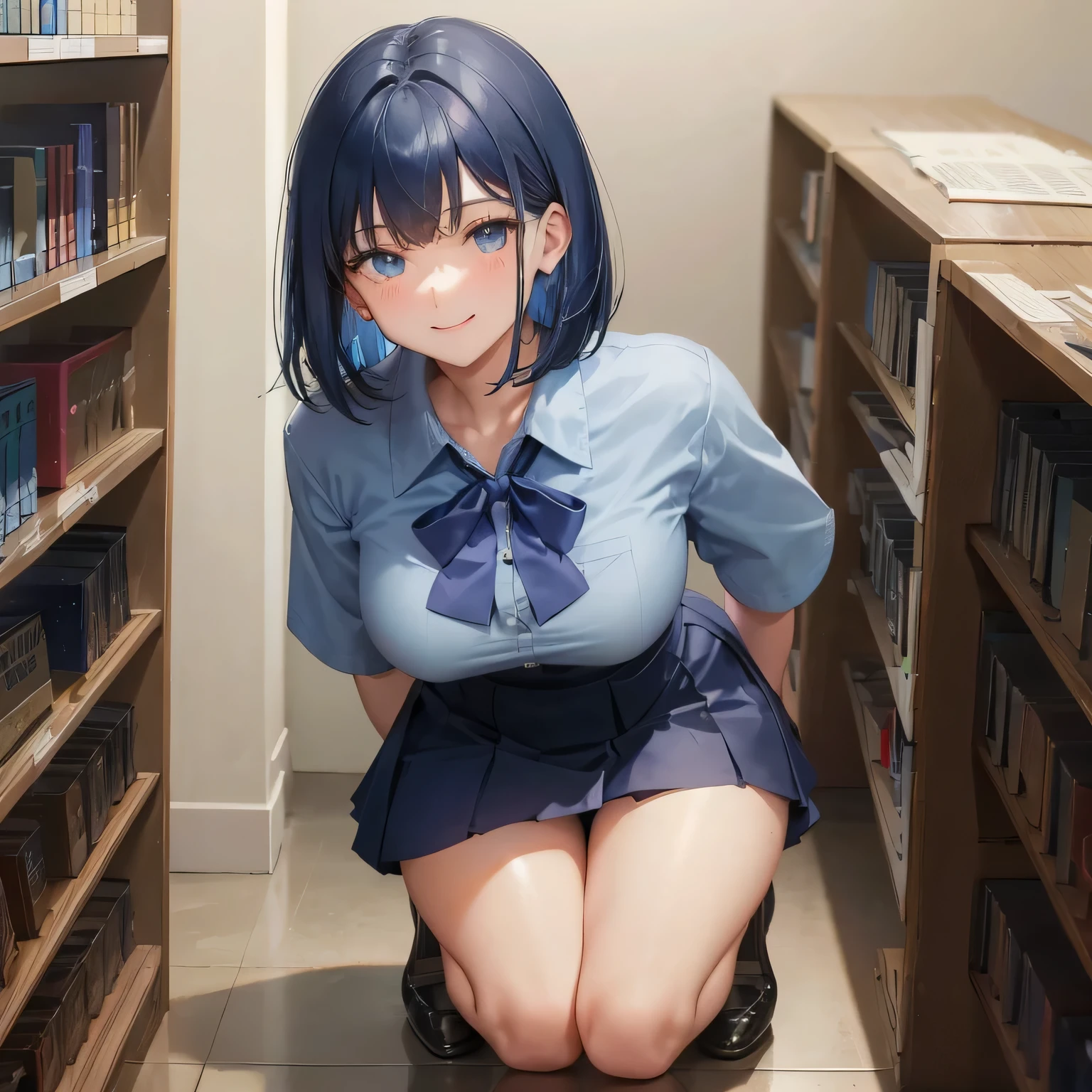 1 high school girl 17 year old female bob cut dark blue hair color high school uniform Light blue Y-shirt short sleeve blue ribbon dark blue hair color slender body shape big breasts full body portrait 学校のlibrary smile gently cheerful look library hand sign squat kneel down look up here