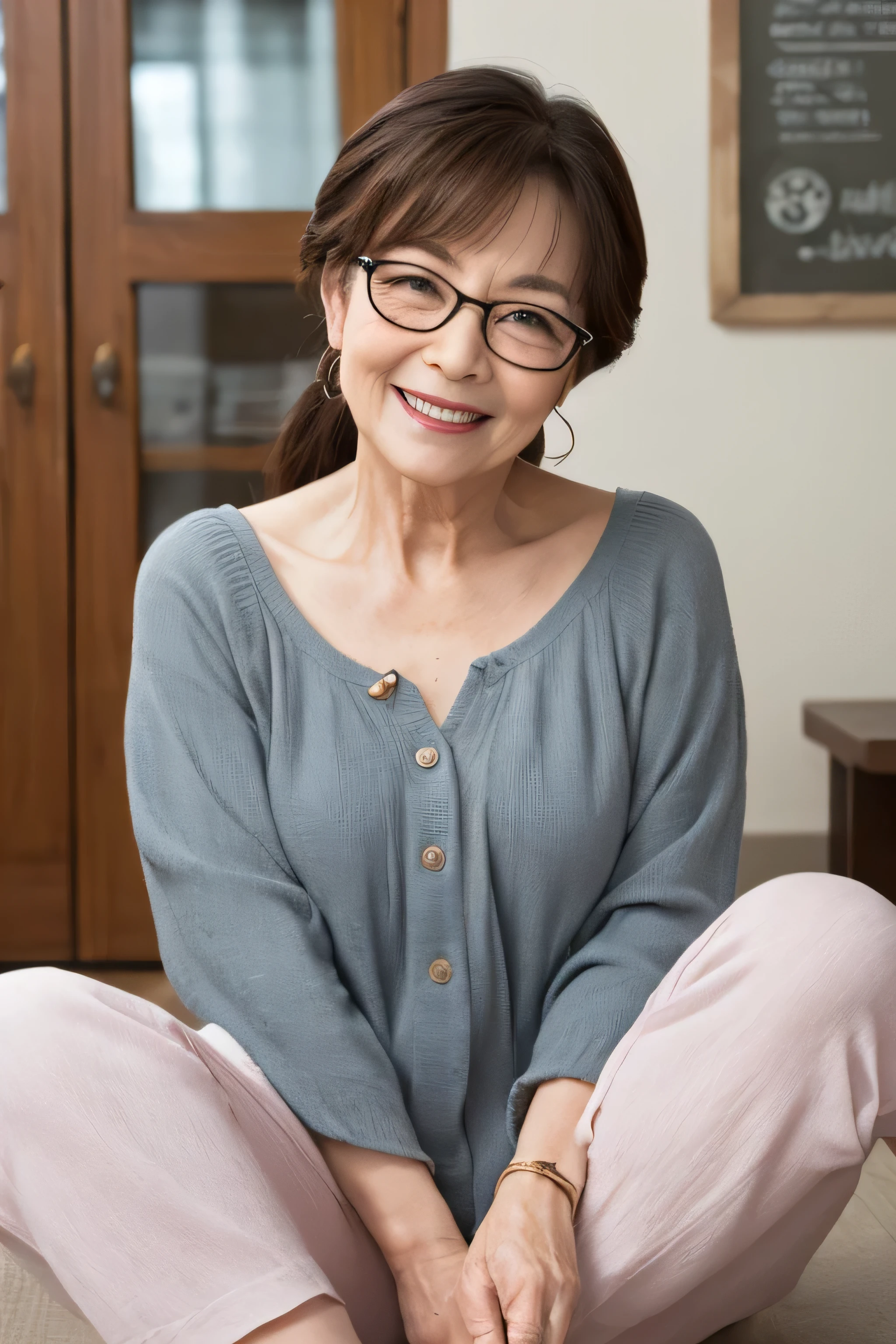 60 year old woman、(((facial wrinkles)))、Beautiful woman、smile、spread your legs、cute clothes,wear glasses