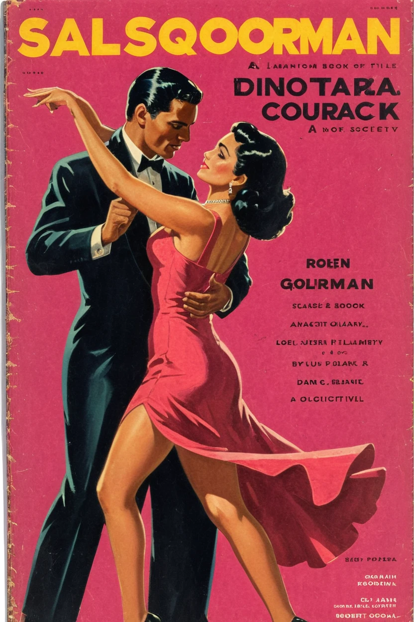 a grainy cover of a book no title (Filmotype Quarry fonts) with a sultry dark-haired woman in a short red dress and handsome black gentleman, couple dancing, salsa dancing, by Juan O'Gorman, salsa social dance, dynamic dance photography, dancing gracefully, dancing with each other, by Eva Gonzalès, by Robert Medley, full length shot, ballroom background, sensual dancing, salsa tricks, wearing a pink ballroom gown, a portrait by Robert Peak, cg society contest winner, new objectivity, 1 9 5 0 s thriller, dark vintage paperback cover, pulp scifi book cover art, glen orbik, Famous Mexican Actress Selma Hayek in a horror novel, 5 0 s pulp illustration, zoom out